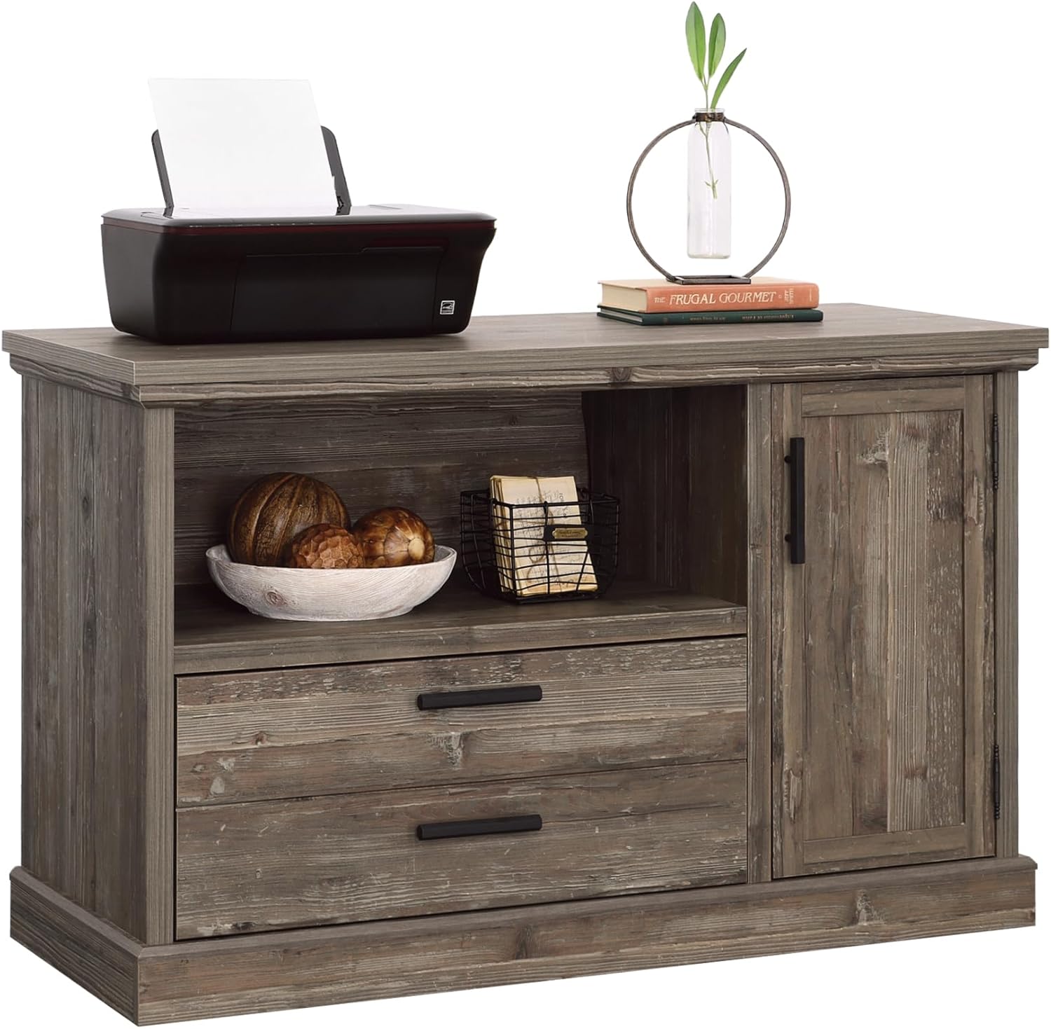 Sauder Aspen Post Commercial Office Credenza, L: 47.09" x W: 19.45" x H: 29.76", Pebble Pine Finish