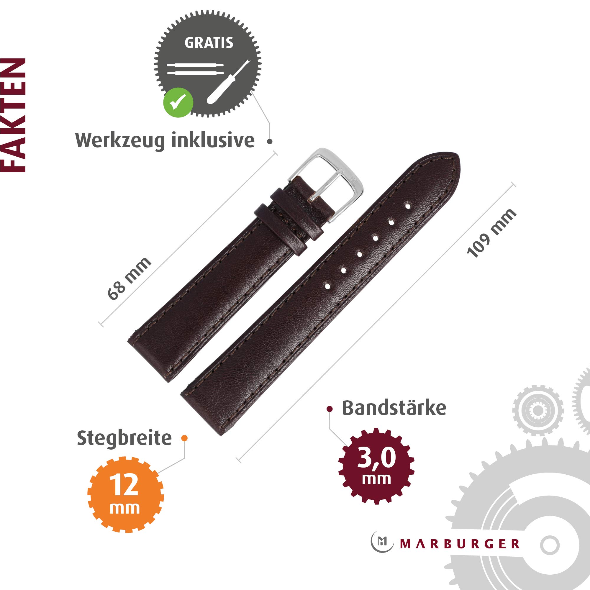 MARBURGER Uhrenarmband 12mm Leder Glatt - Werkzeug Montage Set 80712