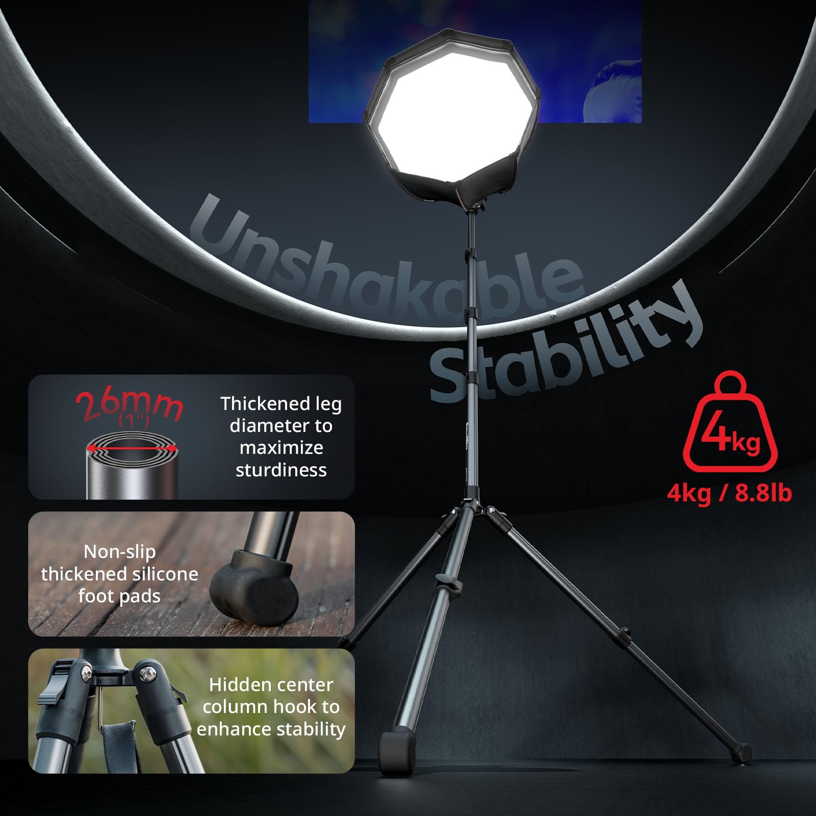 SMALLRIG 74,8"/190cm Lichtstativ, Max. Belastung 4kg, Kompaktes Stativ für Taschenlampen, Ringlicht, LED/RGBVideoleuchten, COB Licht, Faltbares und Verstellbares Beleuchtungsstativ - 5475