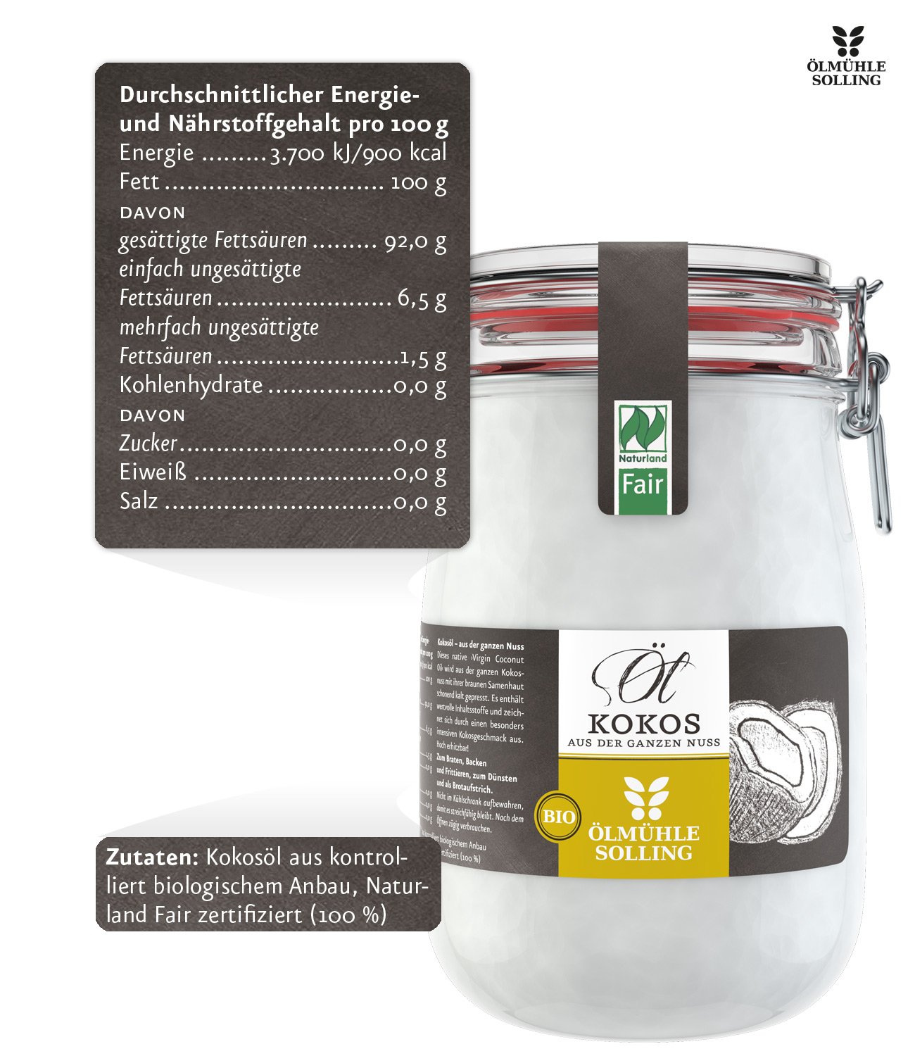 Ölmühle Solling Kokosöl - Bio & Naturland & Fair - im Bügel-Glas 2x1000ml Set