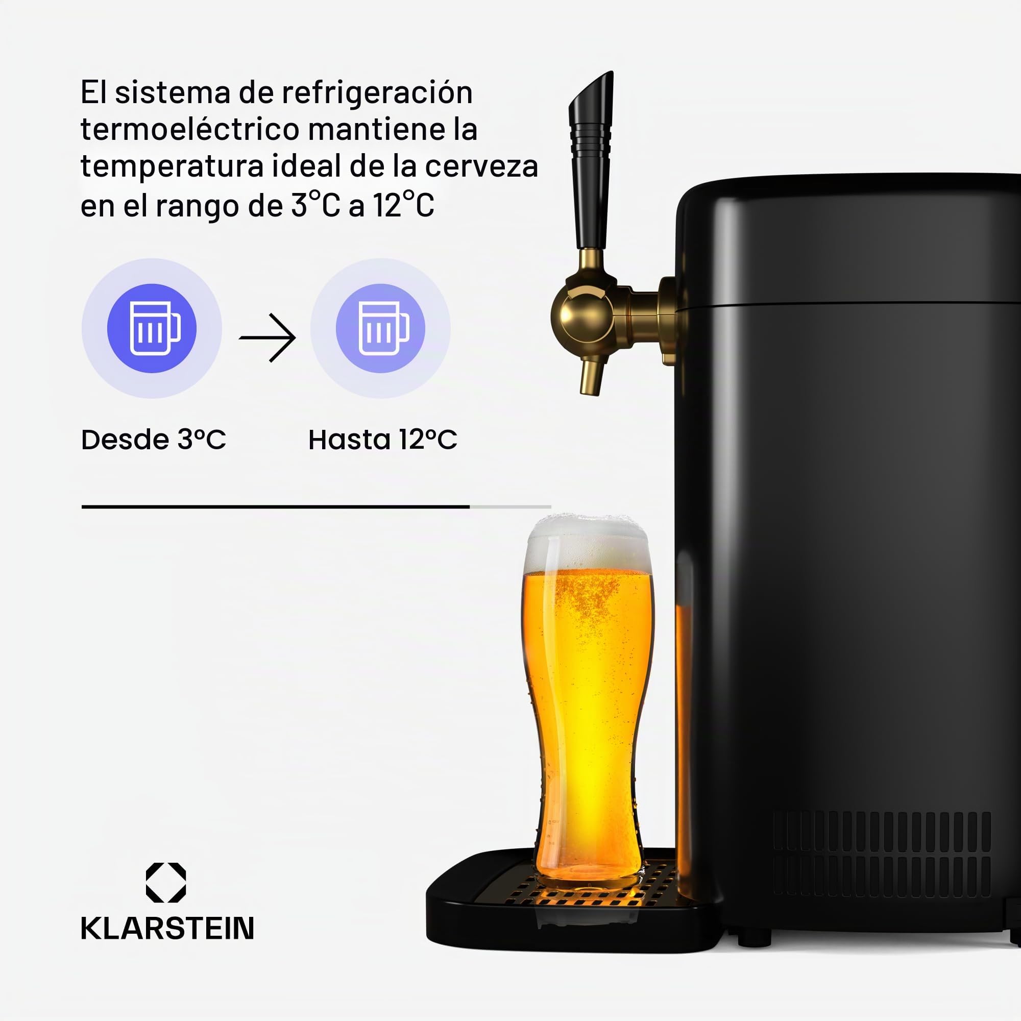 Klarstein FrostBrew Dispensador de Cerveza 5L - Sistema de Presión de CO₂, Refrigeración Termoeléctrica, Control de Temperatura 3-12°C, Barril Universal, Negro/Dorado