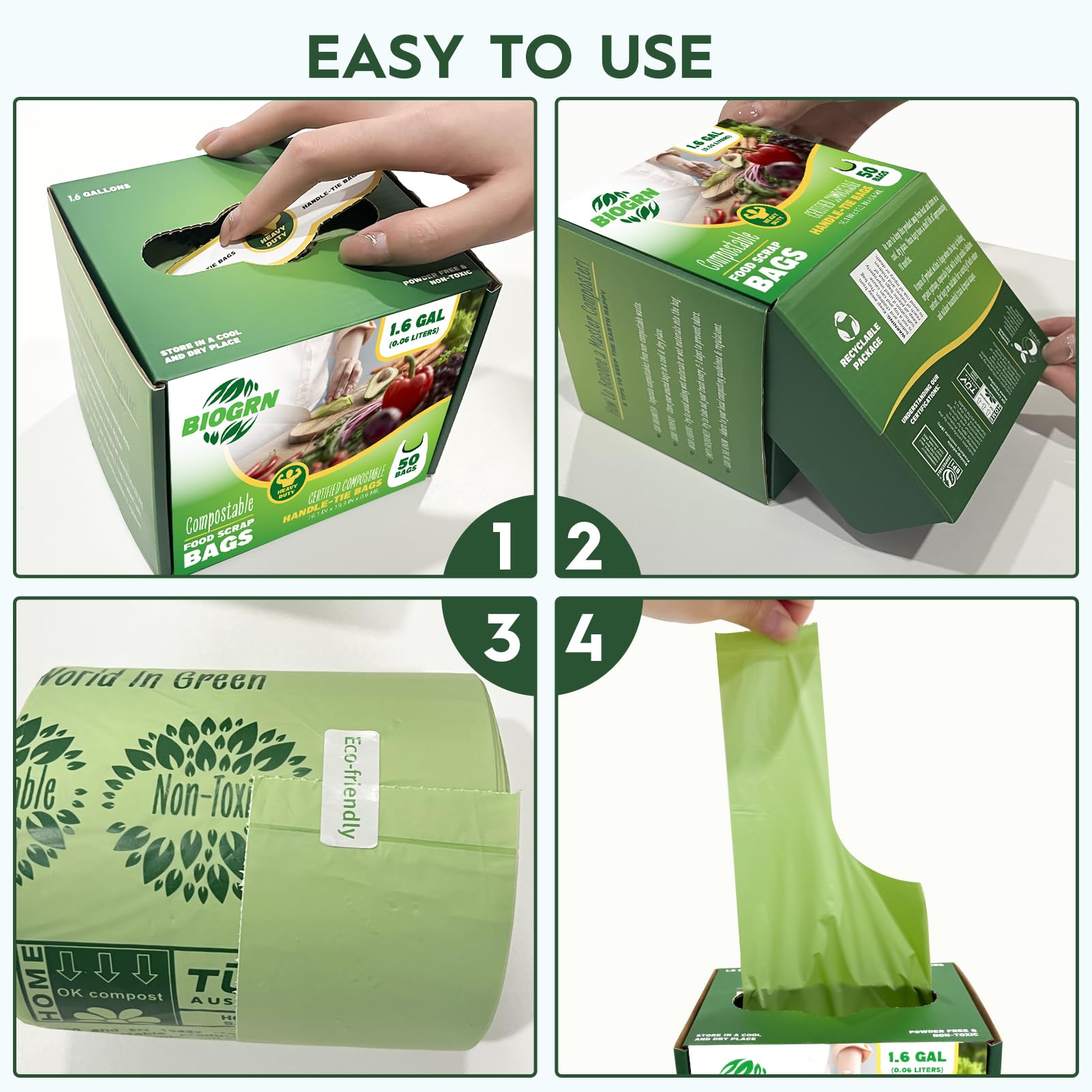 Bolsas de basura compostables de 1.6 galones con asas, 0.6 mil, 6.06 litros, 50 unidades, pequeñas bolsas de residuos de alimentos de cocina, ASTM D6400, US BPI y OK Compost Home Certified