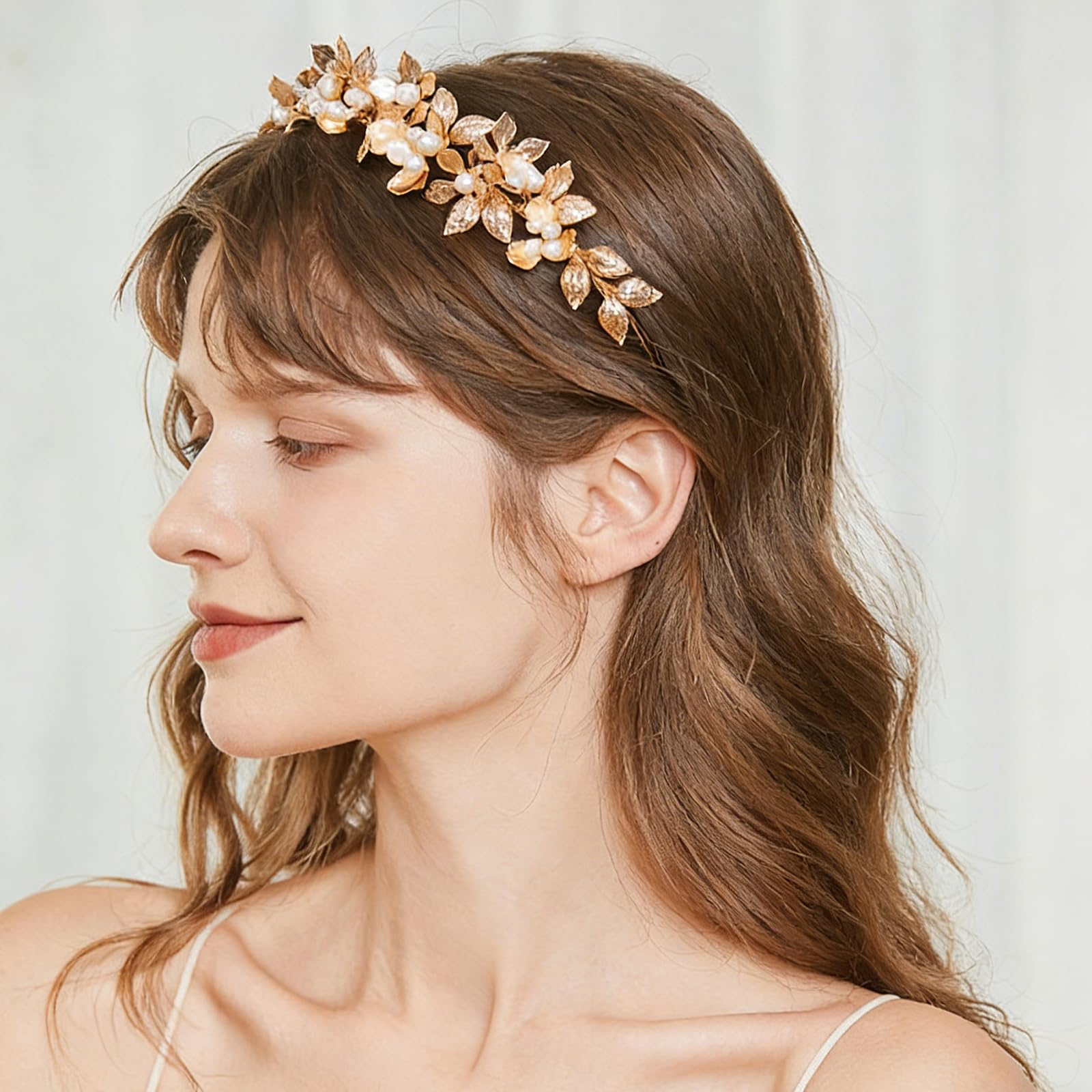 Cerchietto per Capelli da Sposa Fatto A Mano con Fiori per Donne Elegante Accessorio per Capelli da Principessa in Oro E Perle,d'oro