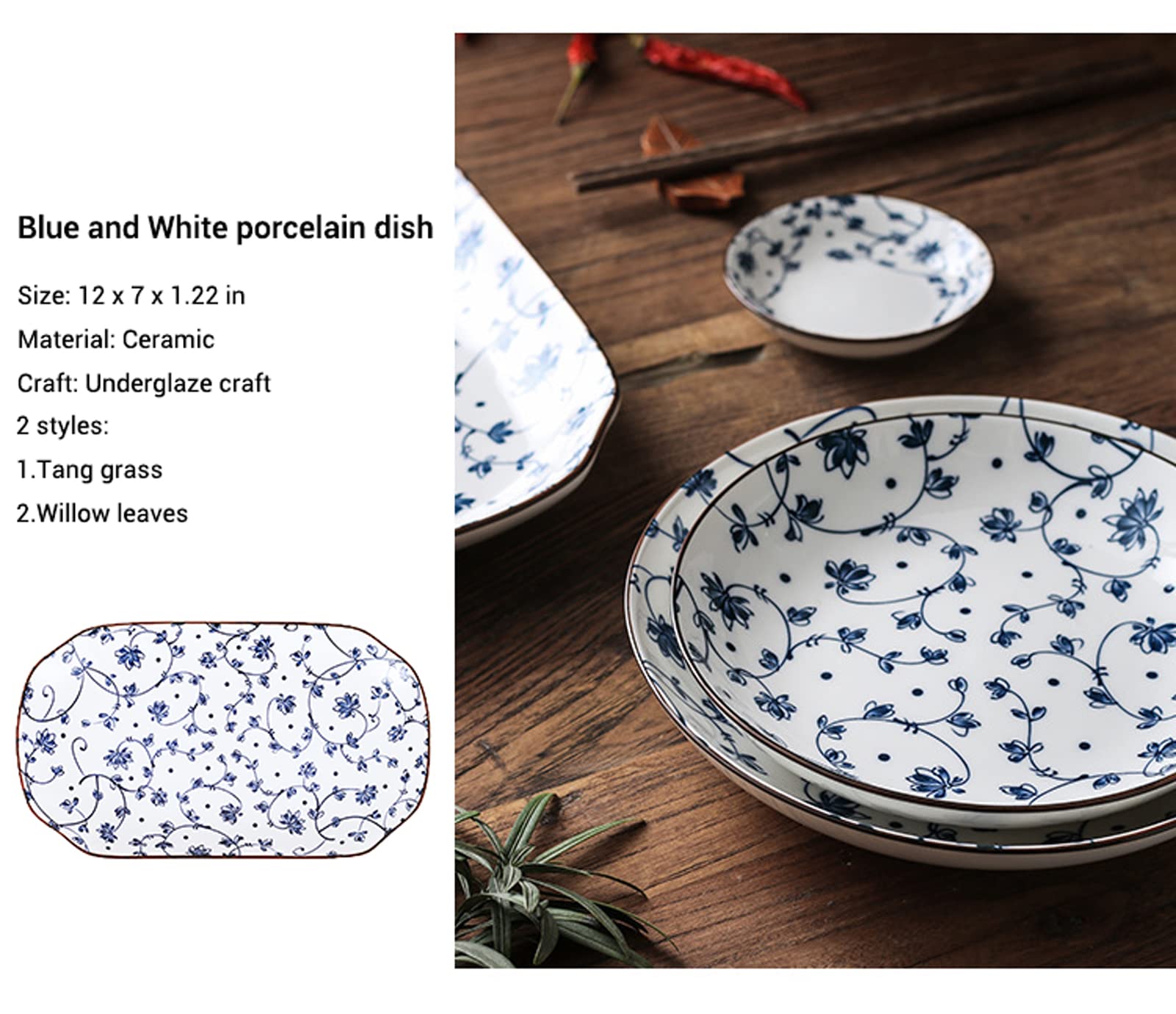 Gegong Plato de pescado de porcelana azul y blanco de 30,48 cm para servir plato floral de cena poco profunda, aperitivo, ensalada, postre y merienda