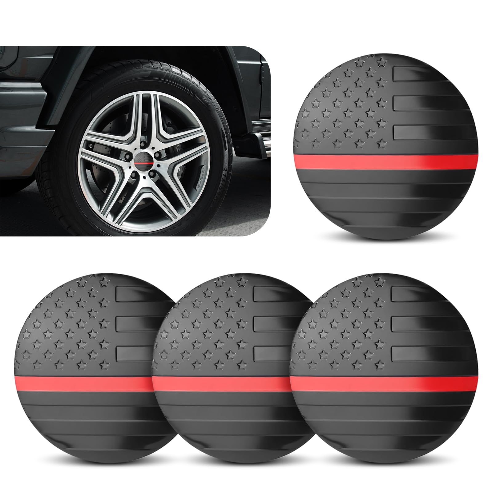 Car Wheel Center Hub Cap Kit, American Flag Waterproof Rim Decoration, Rustproof Round Vehicle Wheel Hub Protective Covers, Universal for Most Cars Trucks (Red & Black)