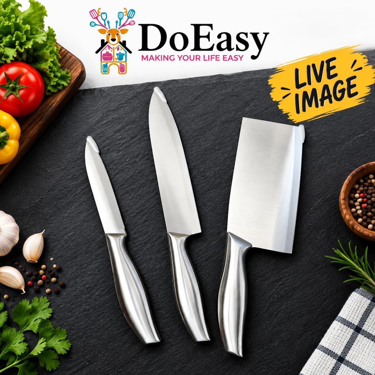 DOEASY Stainless Steel Knife Set - 3 Piece Professional Kitchen Knives -4