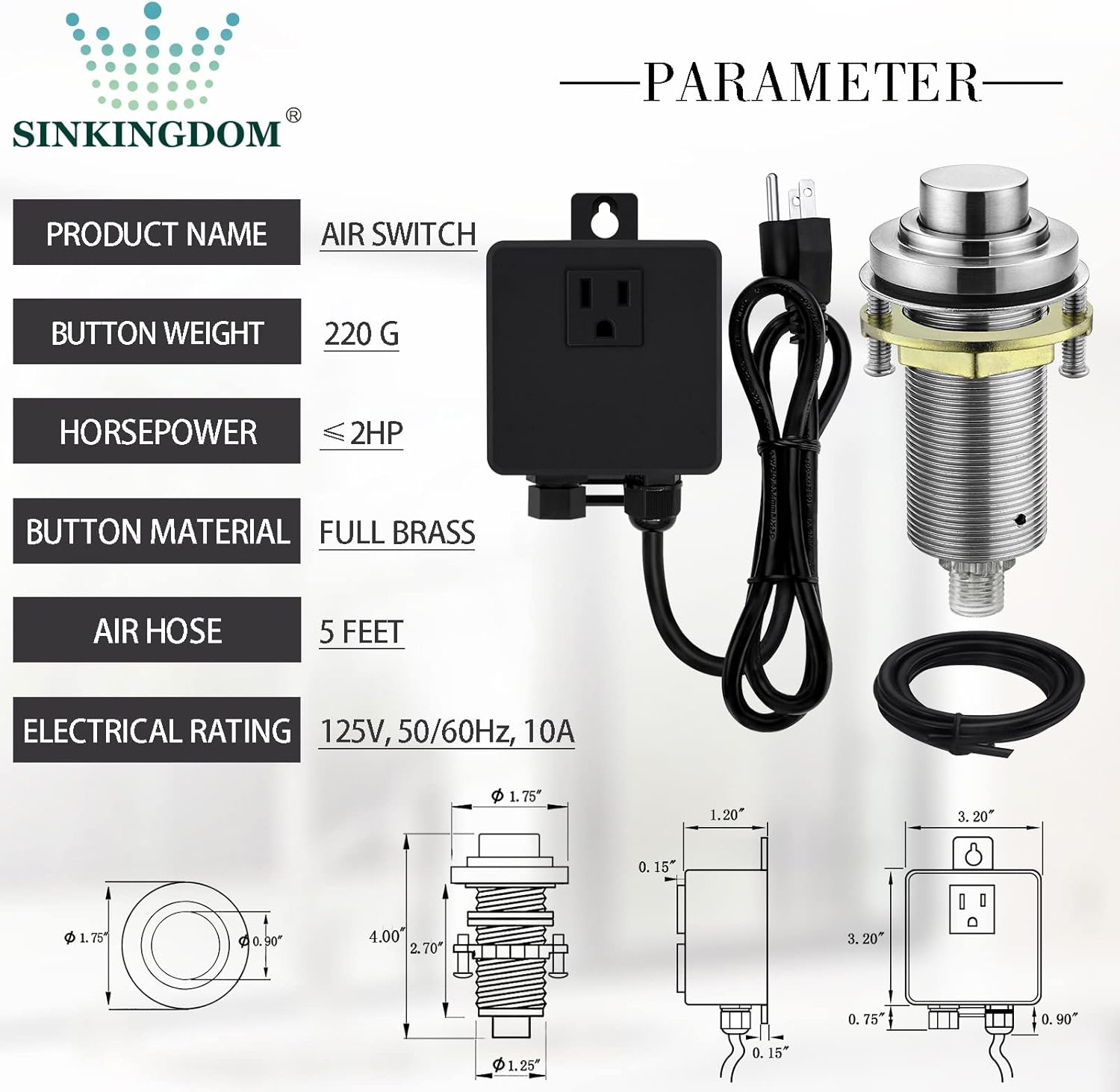 SinkTop Air Switch Kit with Brushed Nickel Long Button (Full Brass) for Garbage Disposal, Single Outlet