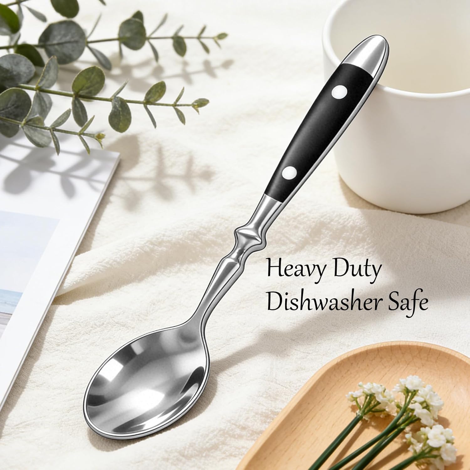 Dinner Spoons with Black Bakelite Handle, Vintage Stainless Steel Soup Spoons, Dishwasher Safe (10pcs)