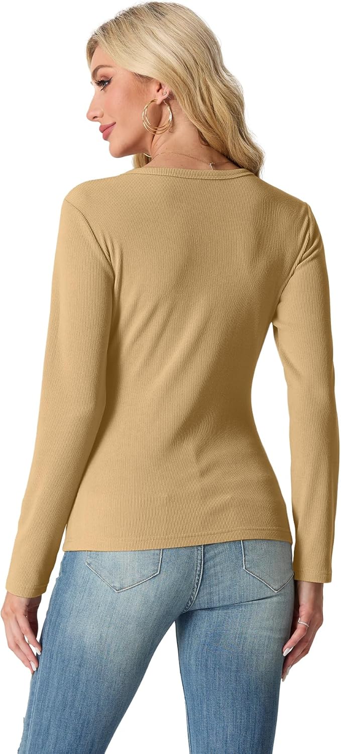 IWOLLENCE Womens Ribbed Long Sleeve Crewneck Casual Slim Basic Shirts Fitted Knit Tops - Image 4