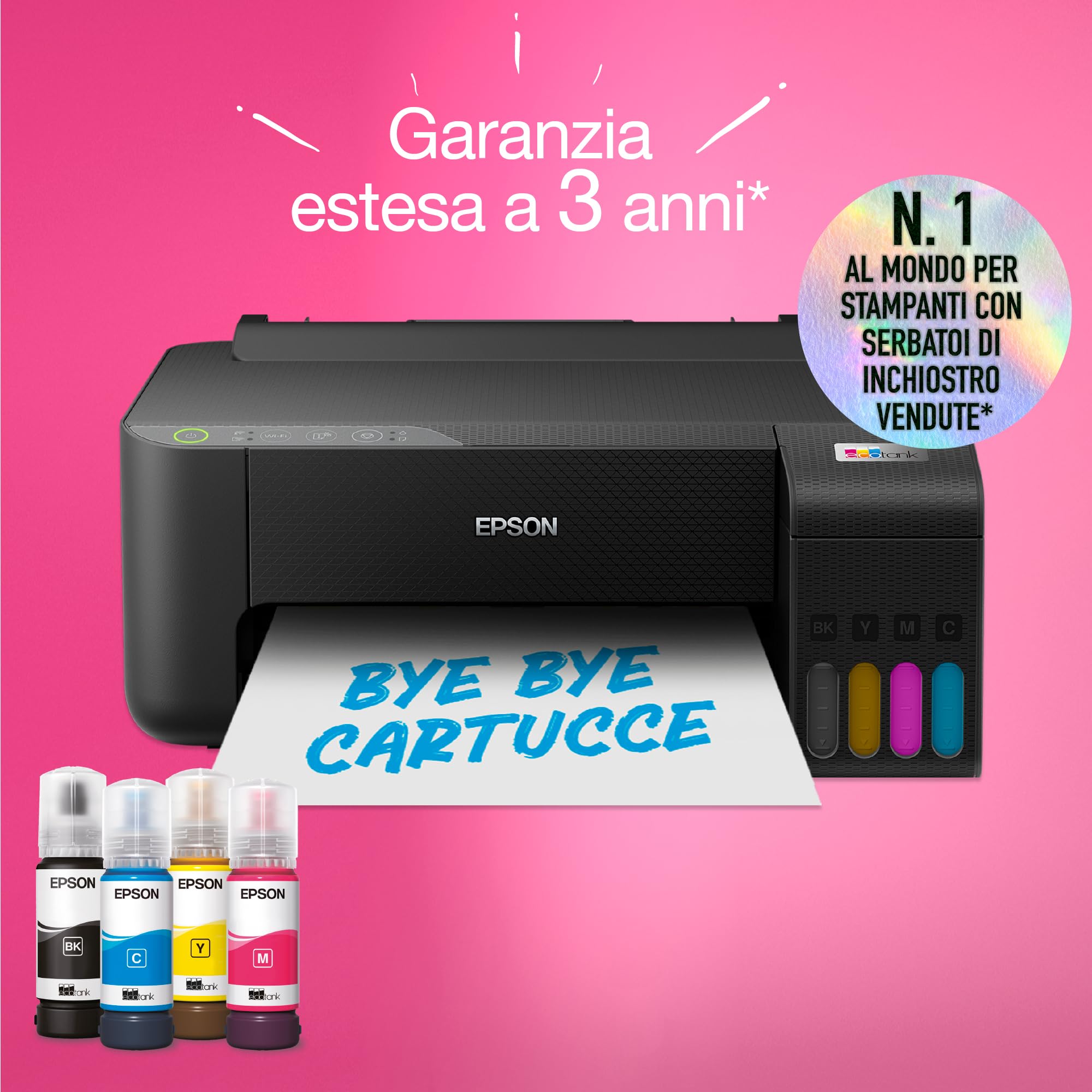 Epson EcoTank ET-1810 Stampante A4 con Serbatoi Ricaricabili Alta Capacità, 4 Flaconi Inclusi fino a 3600pag B/N 6500pag Colore, Wi-Fi, Wi-Fi Direct, ottieni 20€ di cashback