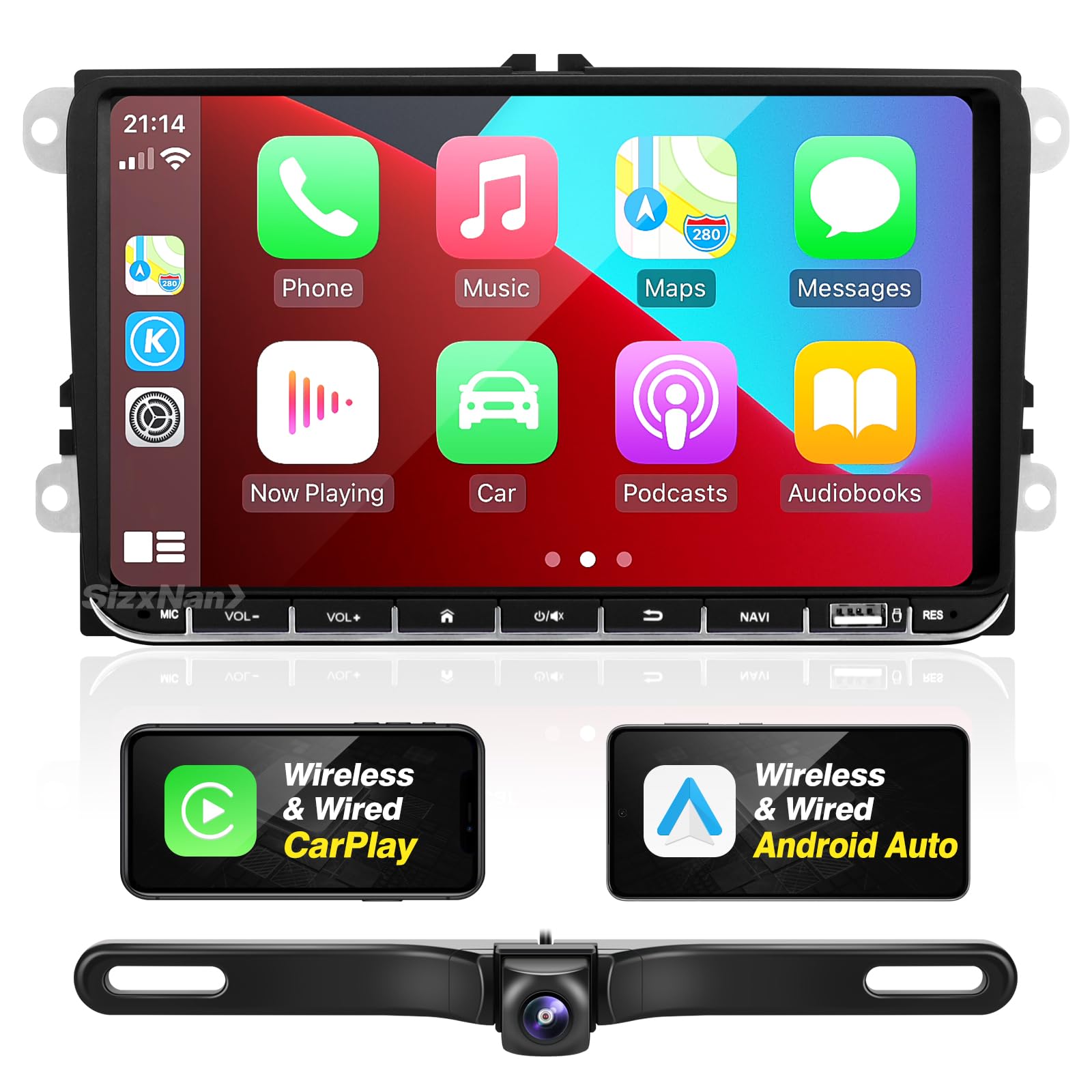 SizxNanv forTiguan VW Jetta Golf Passat Radio Compatible with Wireless Carplay Android Auto,Updated Car Android Stereo Bluetooth Navigation GPS Touchscreen WiFi FM/AM Backup Camera HeadUnit