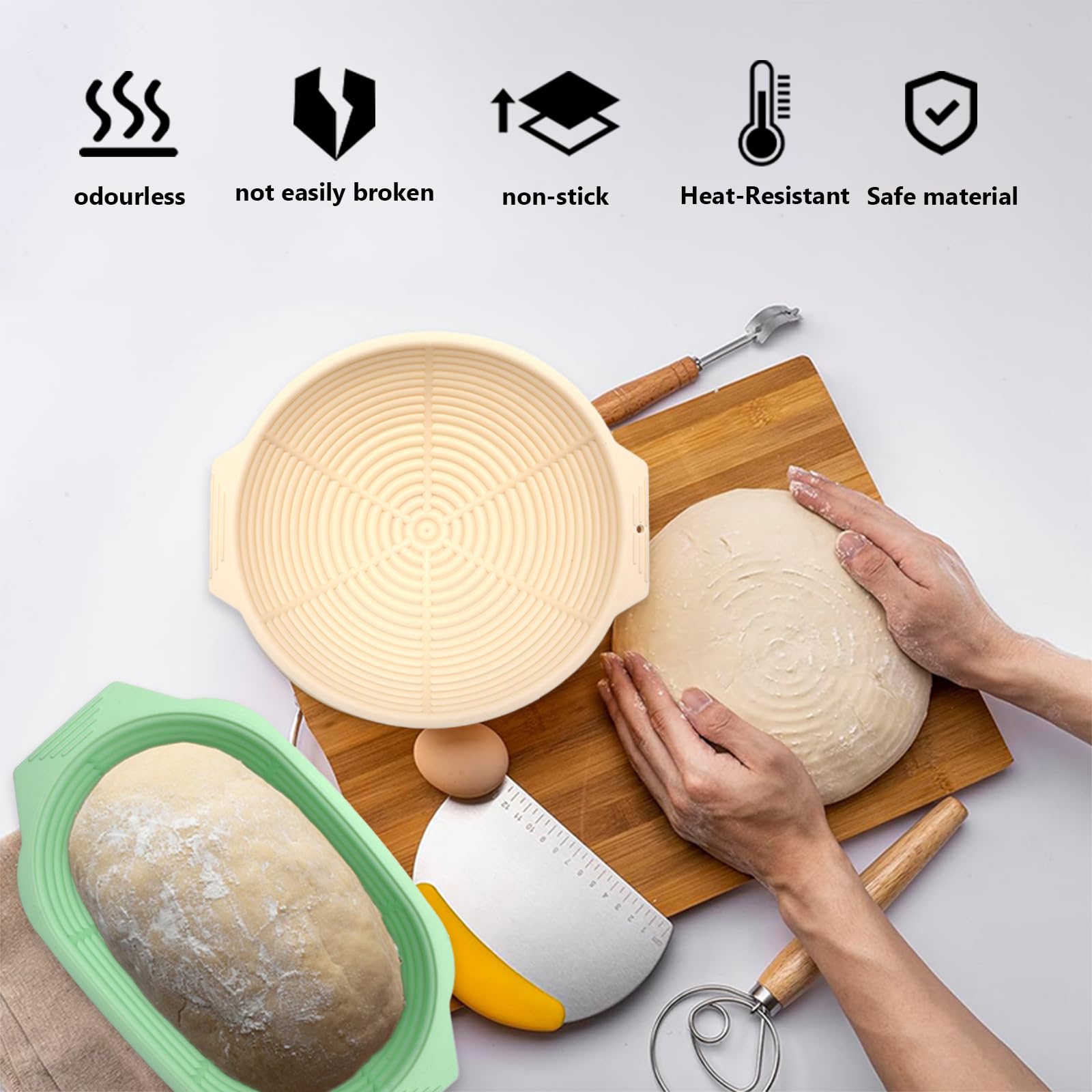Banneton In Silicone Pieghevole Per Lievitazione Pane – 2 Pezzi (23,6 Cm Rotondo + 25,9 Cm Ovale)