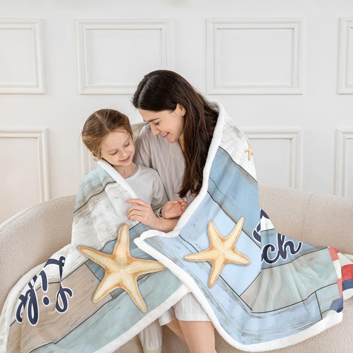 Erosebridal Baby Size Lighthouse Fleece Blanket for Kids Beach Starfish Sherpa Blanket Coastal Sealife Rustic Farmhouse Fuzzy Plush Throw Retro Wooden Door Fences Decor for Boys Sofa Couch, Blue