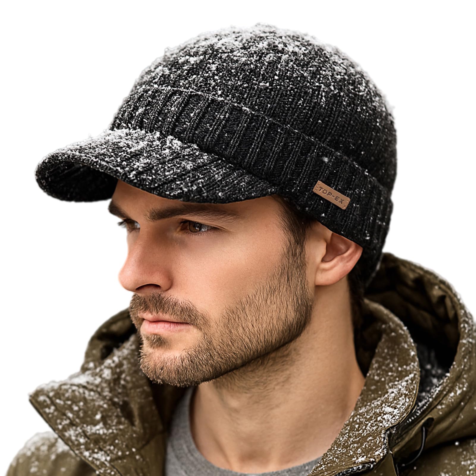 TOP-EX DryKnit Waterproof M L XL XXL Fleece Lined Beanie with Brim Merino Wool Warm Cold Weather Visor