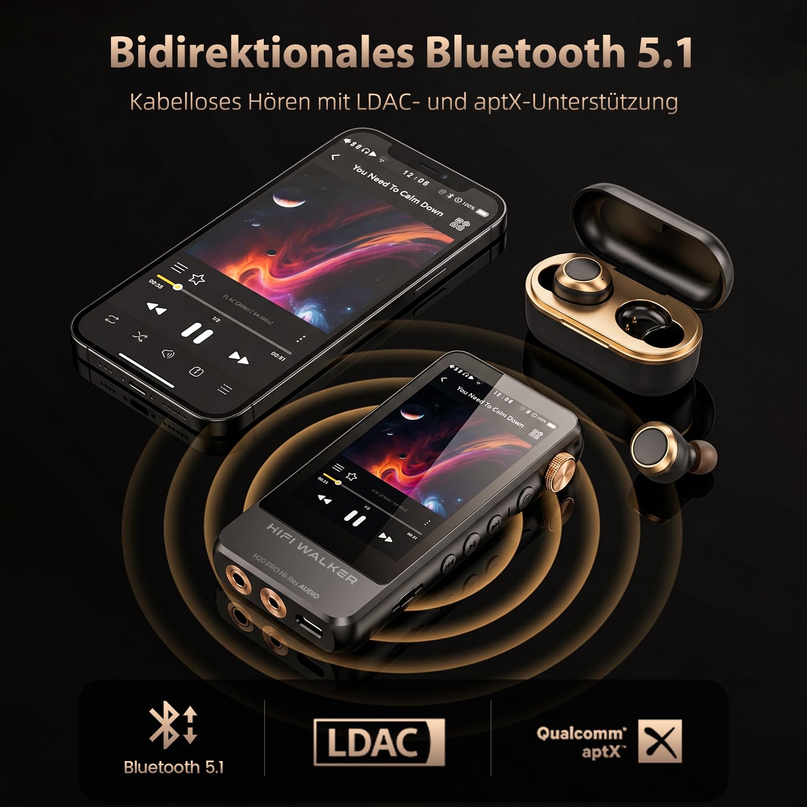 HIFI WALKER H20 Pro Hi-Res MP3 Player mit Bluetooth, 64GB microSD Karte, Lossless Musikplayer mit Dual ESS DAC, 4,4mm Balanced Ausgang, 3,2 Zoll Touchscreen, USB DAC, DSD FLAC WAV
