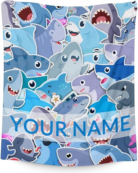 Personalized Shark Blanket Gifts with Name - 50"x60" Cute Throw Blanket for Kids & Adults - Blue Soft Fuzzy Blankets for Bed, Couch & Living Room