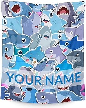 Personalized Shark Blanket Gifts with Name - 50"x60" Cute Throw Blanket for Kids & Adults - Blue Soft Fuzzy Blankets for Bed, Couch & Living Room