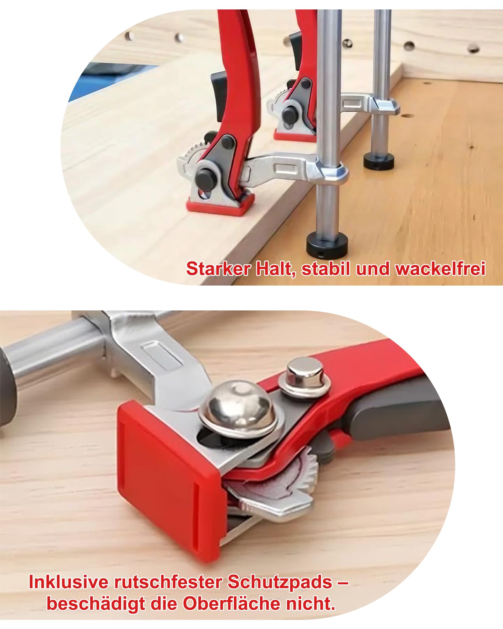 Lot de 6 supports bas : 2 colliers de serrage de 20 mm et 4 crochets d'établi en acier au chrome vanadium, pince à serrage rapide 160 x 60 mm pour le travail du bois, table MFT et établi (rouge