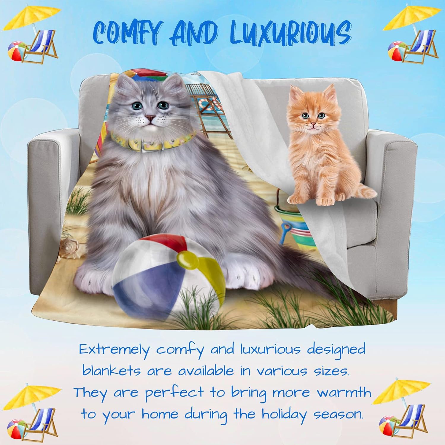 Pet Friendly Beach Siberian Cat Blanket - Lightweight Super Soft Cozy and Durable Bed Blanket - Animal Theme Fuzzy Blanket for Sofa Bed Couch BLNKT56866 (30x40 Fleece)