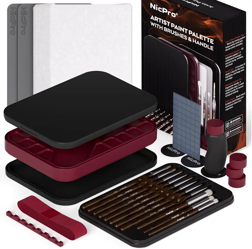 Nicpro Kit profissional de pintura em miniatura com paleta molhada, cabo de pintura em miniatura e 11 peças de pincéis de pintura detalhados, escova seca, esponja, papel de palete, suporte de pincel