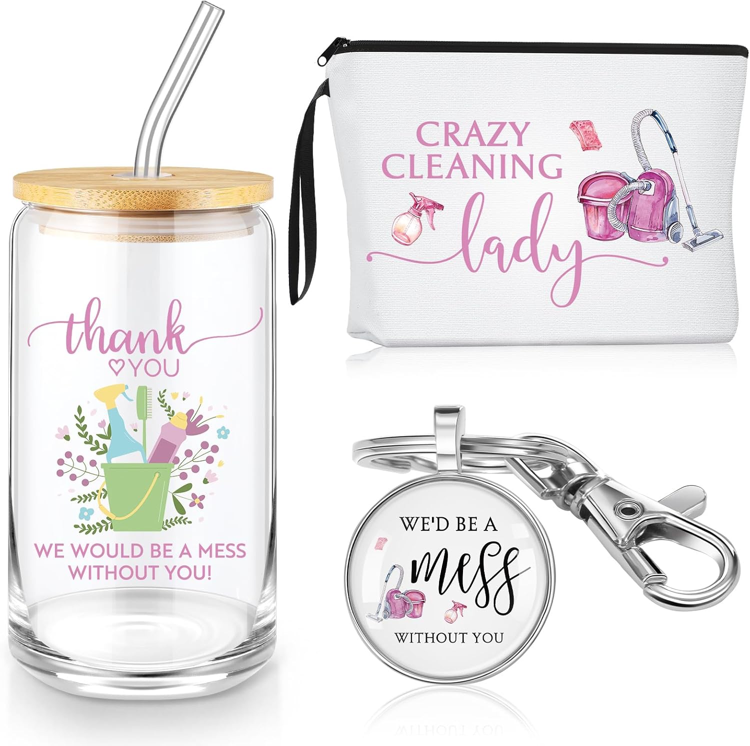 Havawish 3 Pcs Housekeeping Week Gift 16oz Glass Cup Makeup Bag Keychain