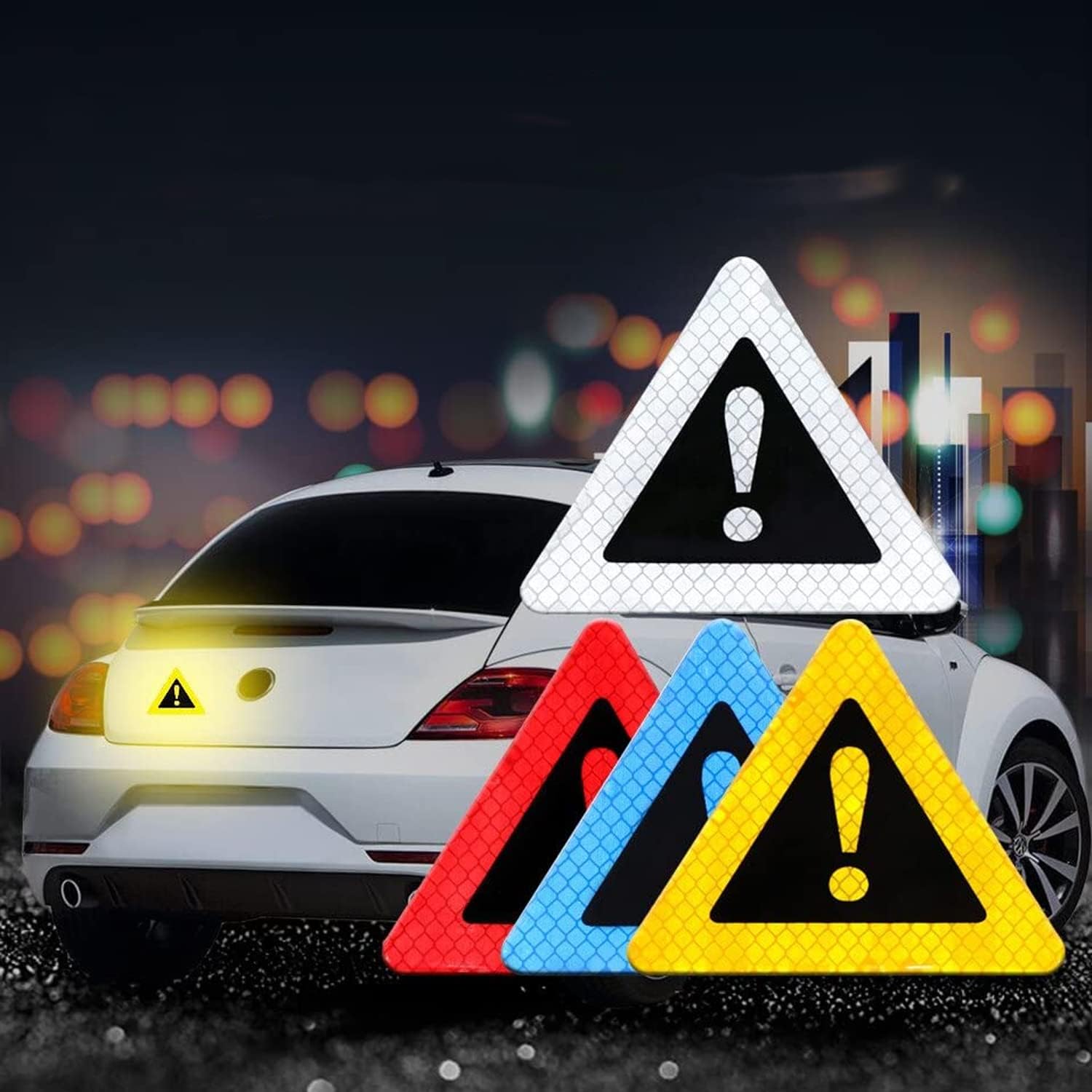 (Blue - 4 Pcs) Auto Triangle Warning Sticker Reflective Warning Sticker Anti-Collision Decorative Decal for Car Body Motorcycle Helmet Compatible for Feat Panto AV