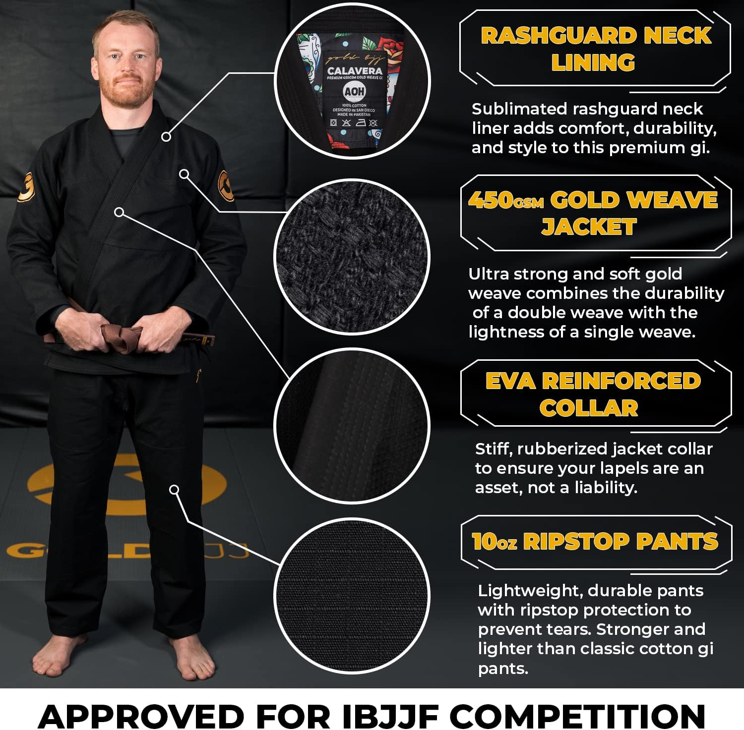 Gold BJJ Calavera Jiu Jitsu Gi - Ultra Strong Gold Weave Premium Kimono - IBJJF Competition Approved Uniform - Image 2