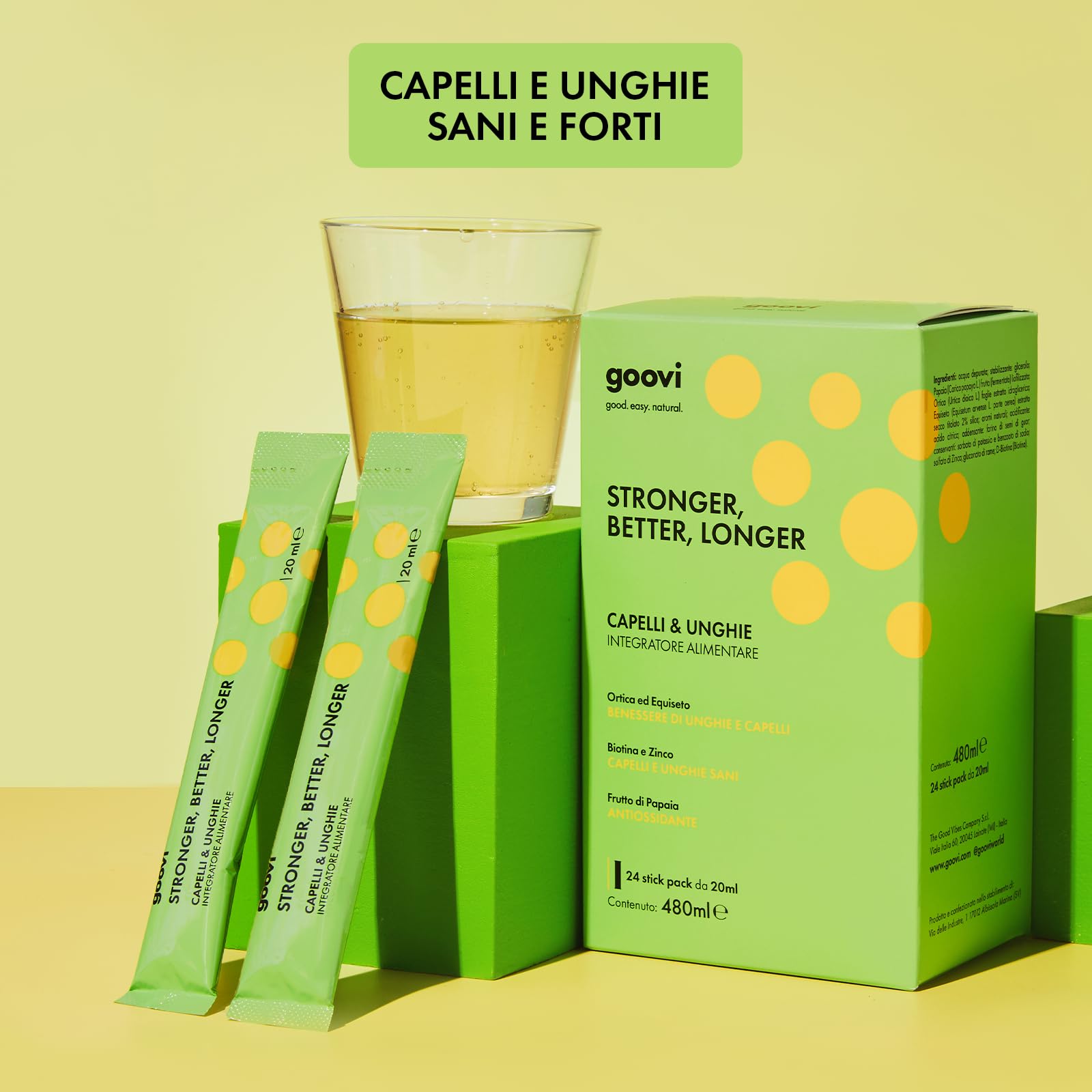 Goovi, Stronger, Better, Longer, Integratore Alimentare per Capelli e Unghie, Rende Capelli e Unghie Sani e Forti, Confezione da 24 Stick Pack da 20 ml, Gusto Papaia