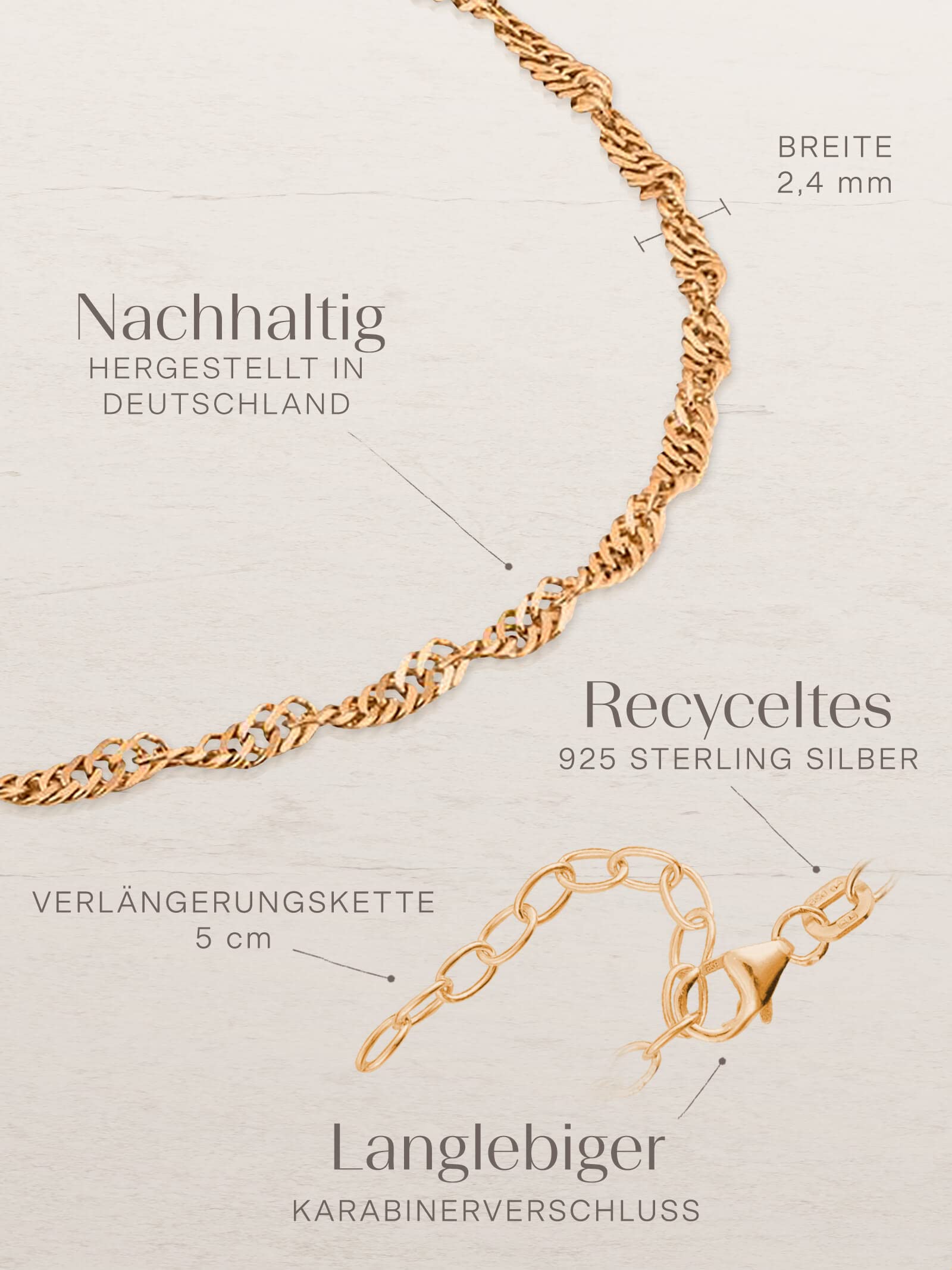 modabilé Damen Fußkette Roségold Vergoldet verstellbar 925 Sterling Silber Singapurkette (2,4mm Breit 23cm-28cm) ohne Anhänger Rose Gold Fußkettchen