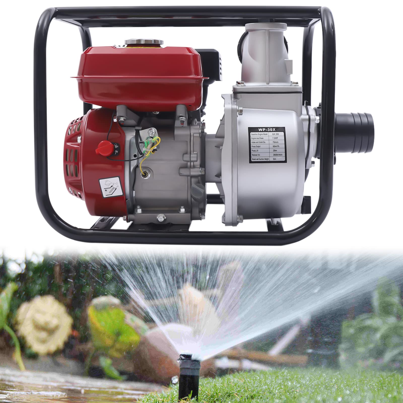 Bomba De Agua A Gasolina 1.7HP 2 Tiempos 43CC Bomba De Transferencia De Agua Comercial 8000L/h 1 Pulgada Bomba De Agua De Gasolina Portátil Semibasura Con Abrazaderas De Manguera, Colador, Anillos