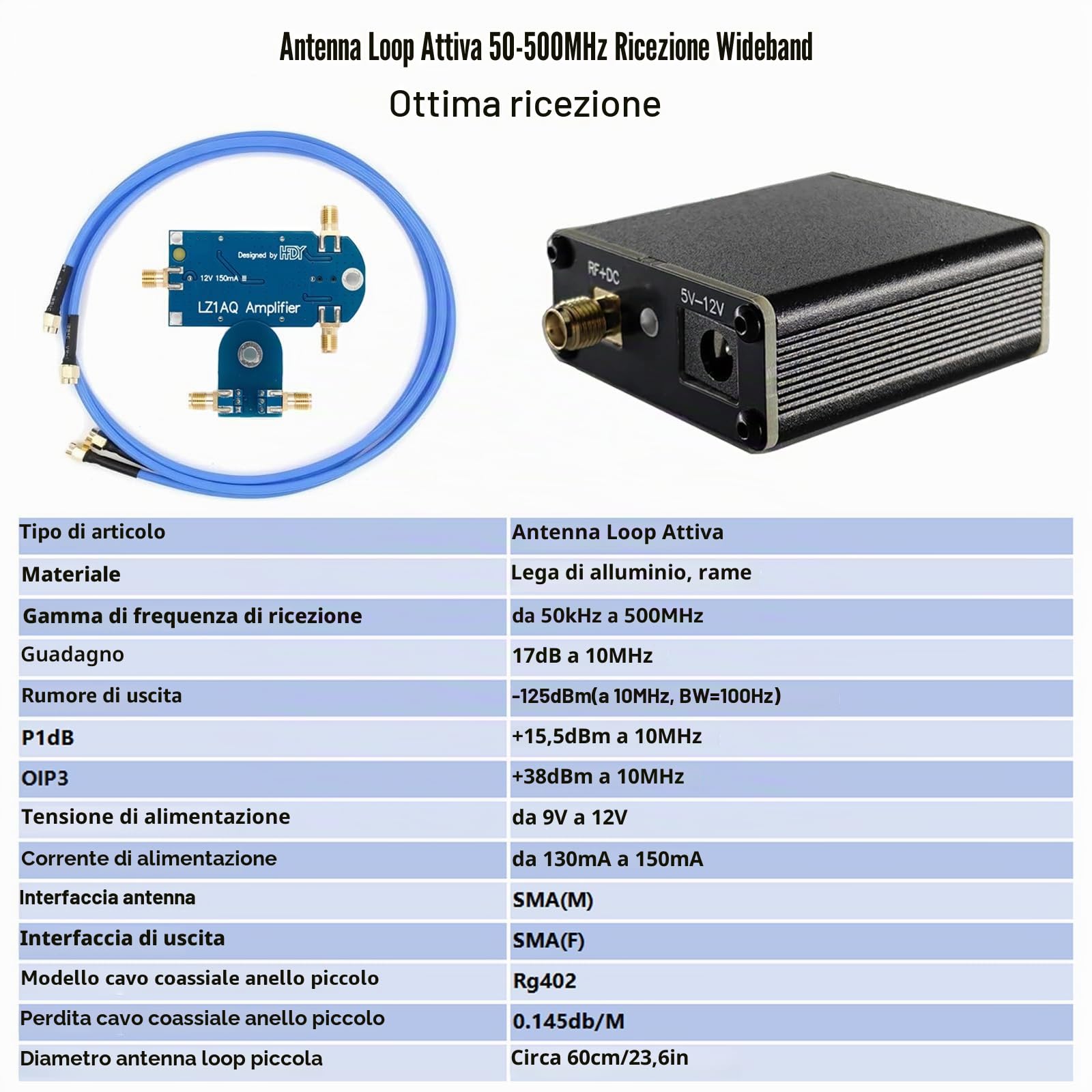 AURSINC Portable Active Loop Antenna - Antenna a onde corte 50 KHz-500 MHz HF AM FM VHF UHF Antenna di ricezione a loop magnetico per radio amatoriale (amplificatore migliorato)
