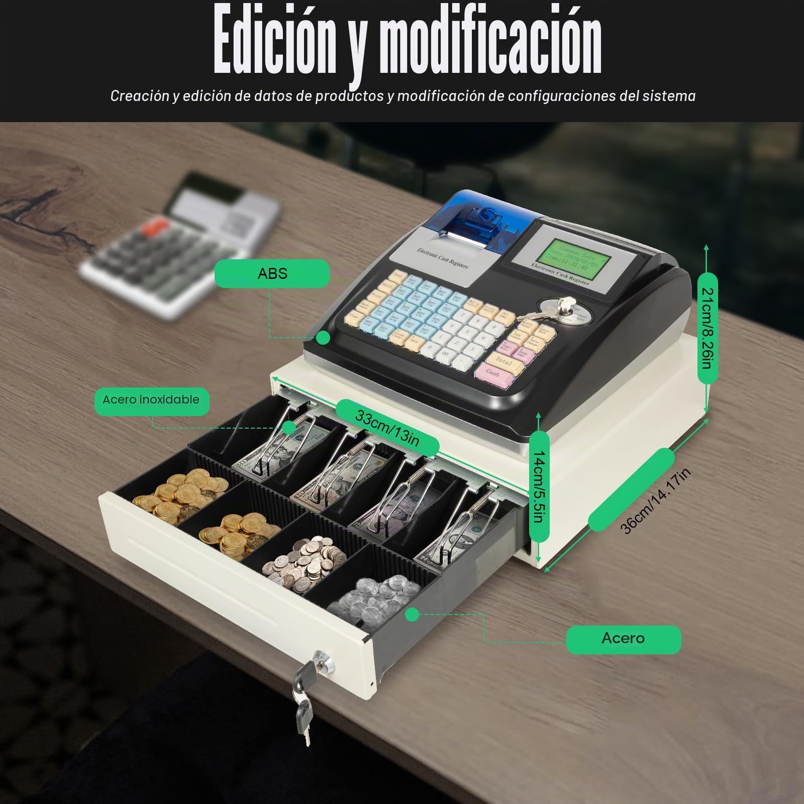 Caja registradora para comercio minorista con 48 teclas LED para gastronomía, versión inglesa