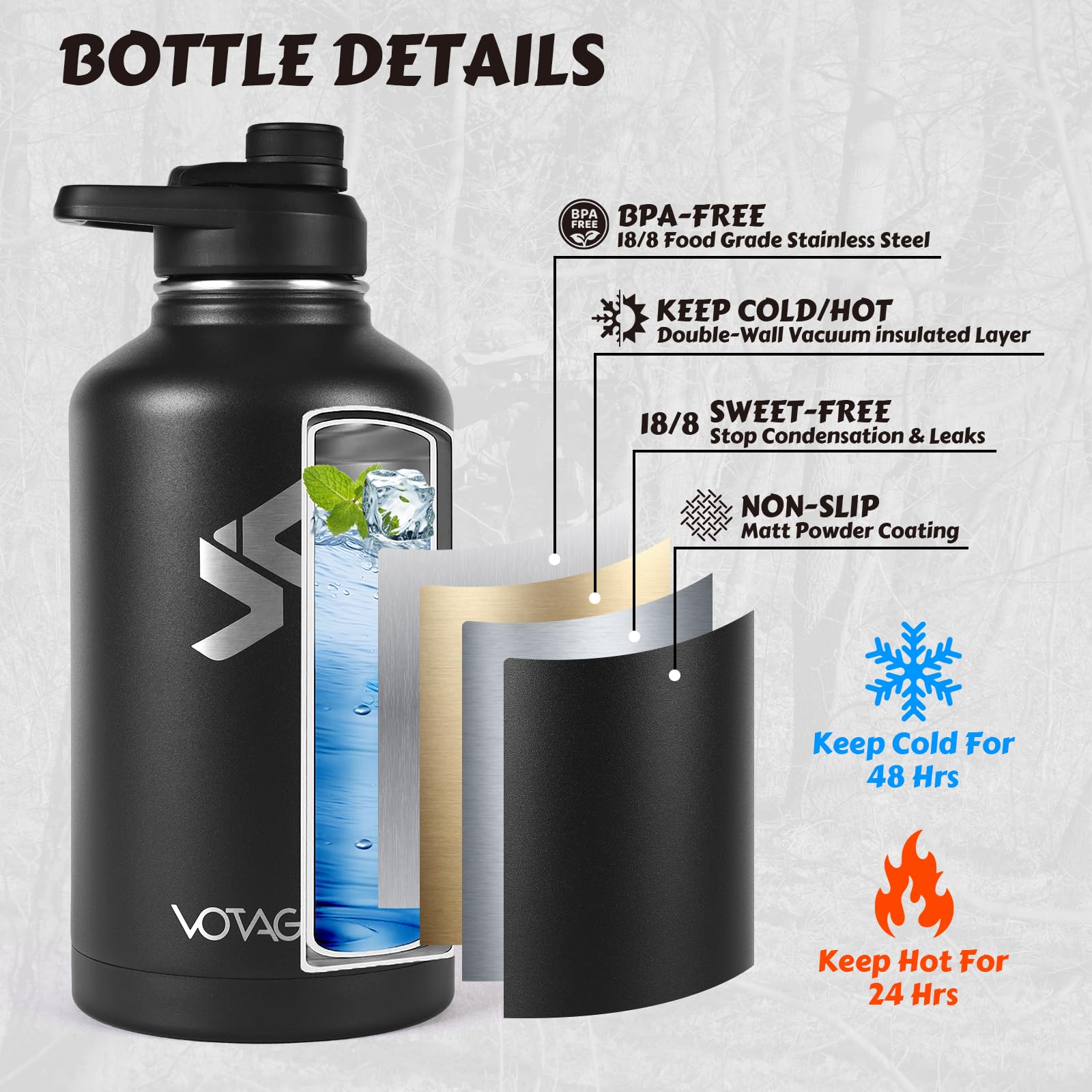 VOTAGOO Tactical Stainless Steel Water Bottle, Thermos Flask, Outdoor, 1.9 L, Military Water Bottle for Outdoor Hiking - Image 2