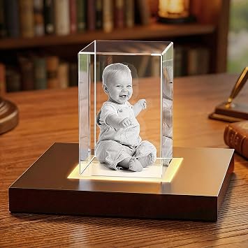 3D Crystal Photo Personalized, High-Definition Laser Etched Picture with LED Light Base, Custom Glass Photo Frame for Pet Memorial, Anniversary, Gifts for Mom Women Her, Small