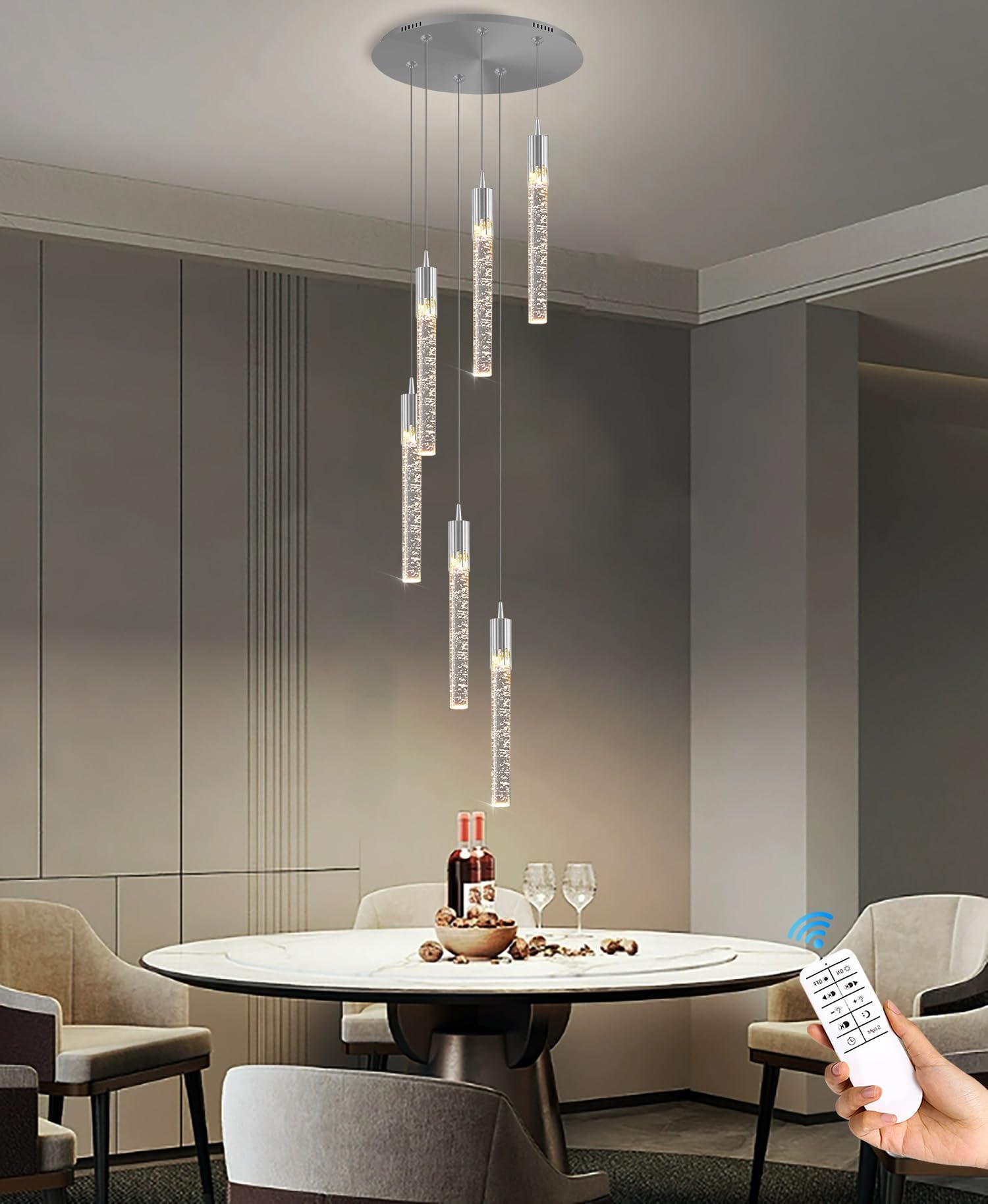 Lámpara de Techo Moderna de 6 Luces con Cristales en Forma de Burbuja - Lámpara Colgante LED Regulable Estilo Loft para Sala de Estar y Comedor, 178 cm de Largo, 2700K/4500K/6000K,