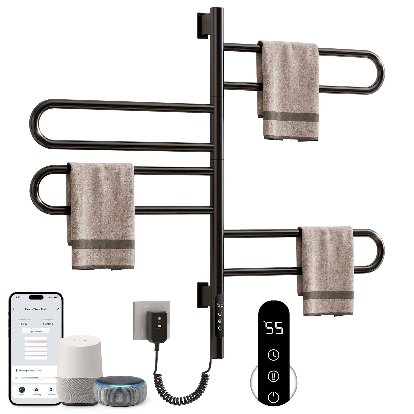 Toallero Eléctrico, Rotación de 180° Radiador de Baño Eléctrico, 430 x 780mm, 130W, WiFi Negro Calentador de Toallas, Toallero electrico baño, para Alexa y Google Home y APP-G65 WiFi Black