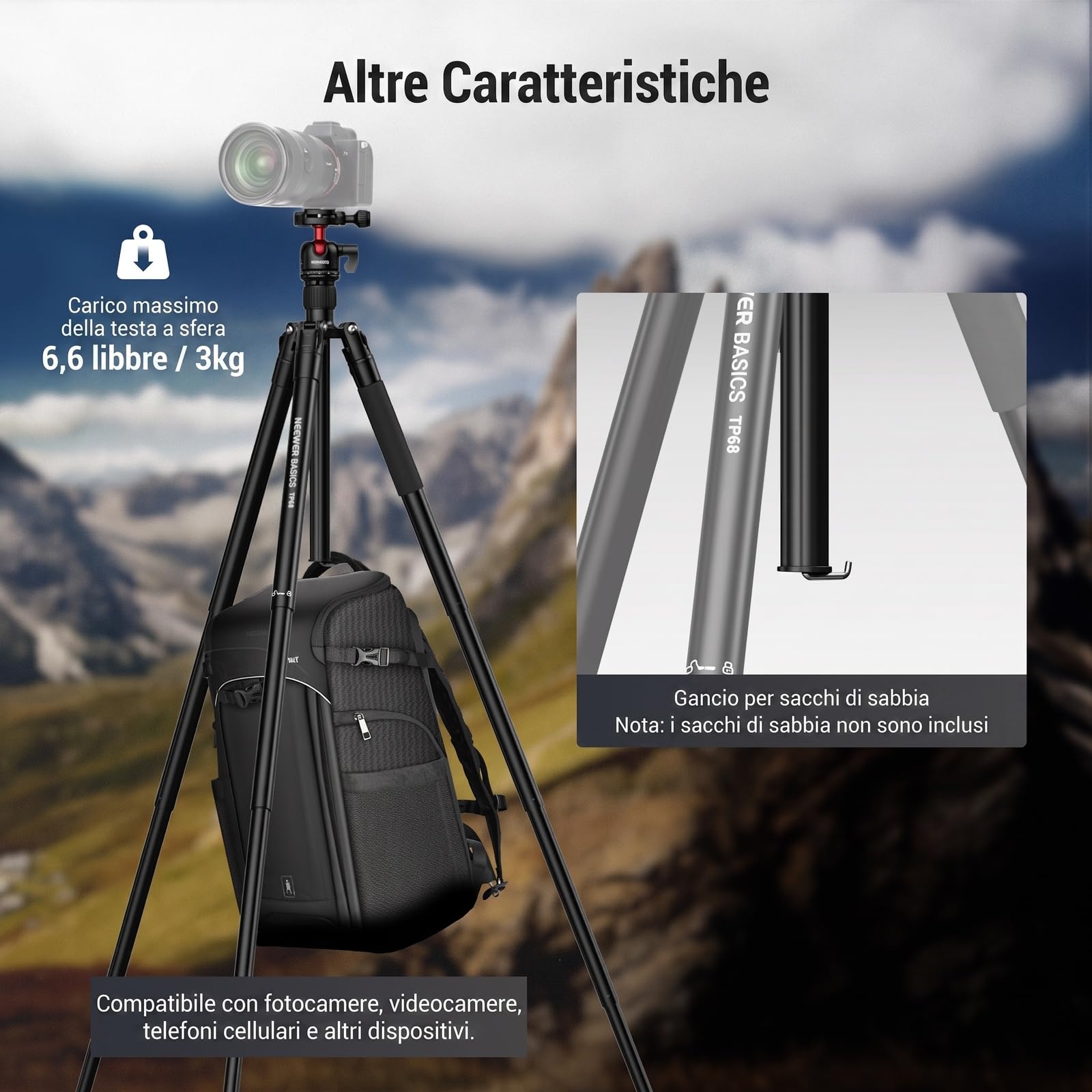NEEWER BASICS Monopiede Treppiede Fotocamera da 145cm con Piastra QR Arca Testa Sfera Porta Telefono, Tripod da Viaggio Compatto e Portatile per iPhone DSLR Videocamera Video Streaming, Max 3kg, TP68