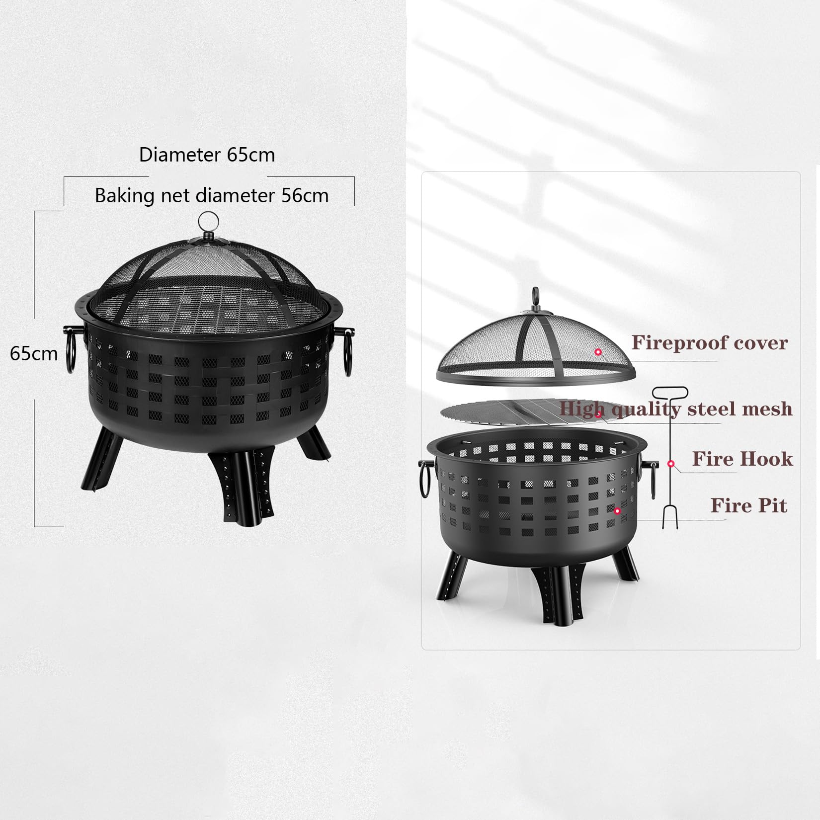Per Falò/Riscaldamento/Barbecue/Patio's Braciere da Esterno, Con Copertura Per Il Fuoco e Doppi Passanti Laterali Per Appenderlo,Struttura Stabile - 65×29 Cm - Nero