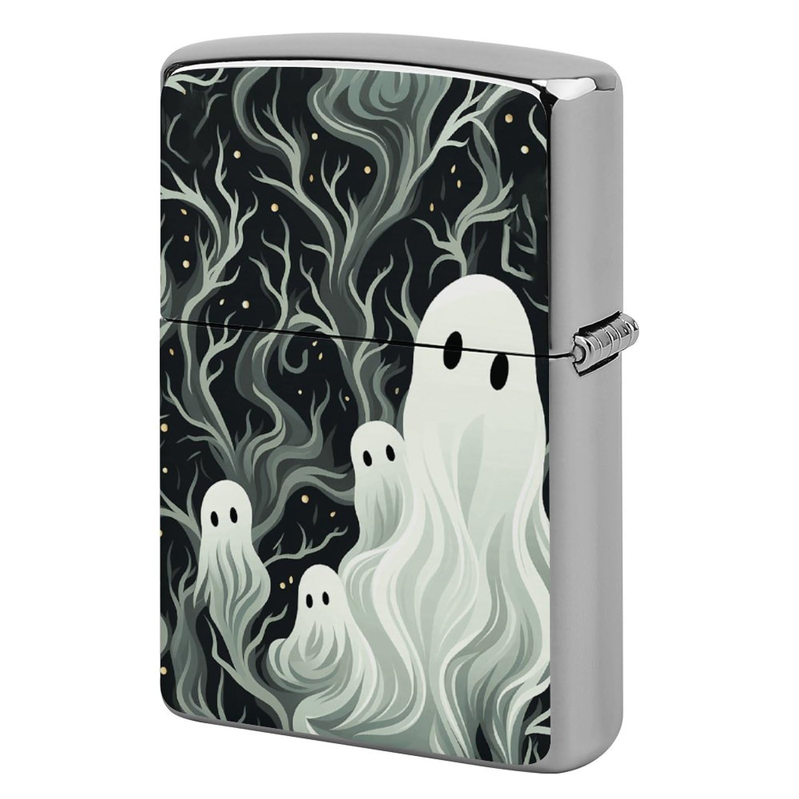 White Patterned Ghost Lighter Case Cover Vintage Metal Lighter Sleeve Reusable Lighter Protective Cover Decorative Lighter Holder Birthday Gifts for Men Women