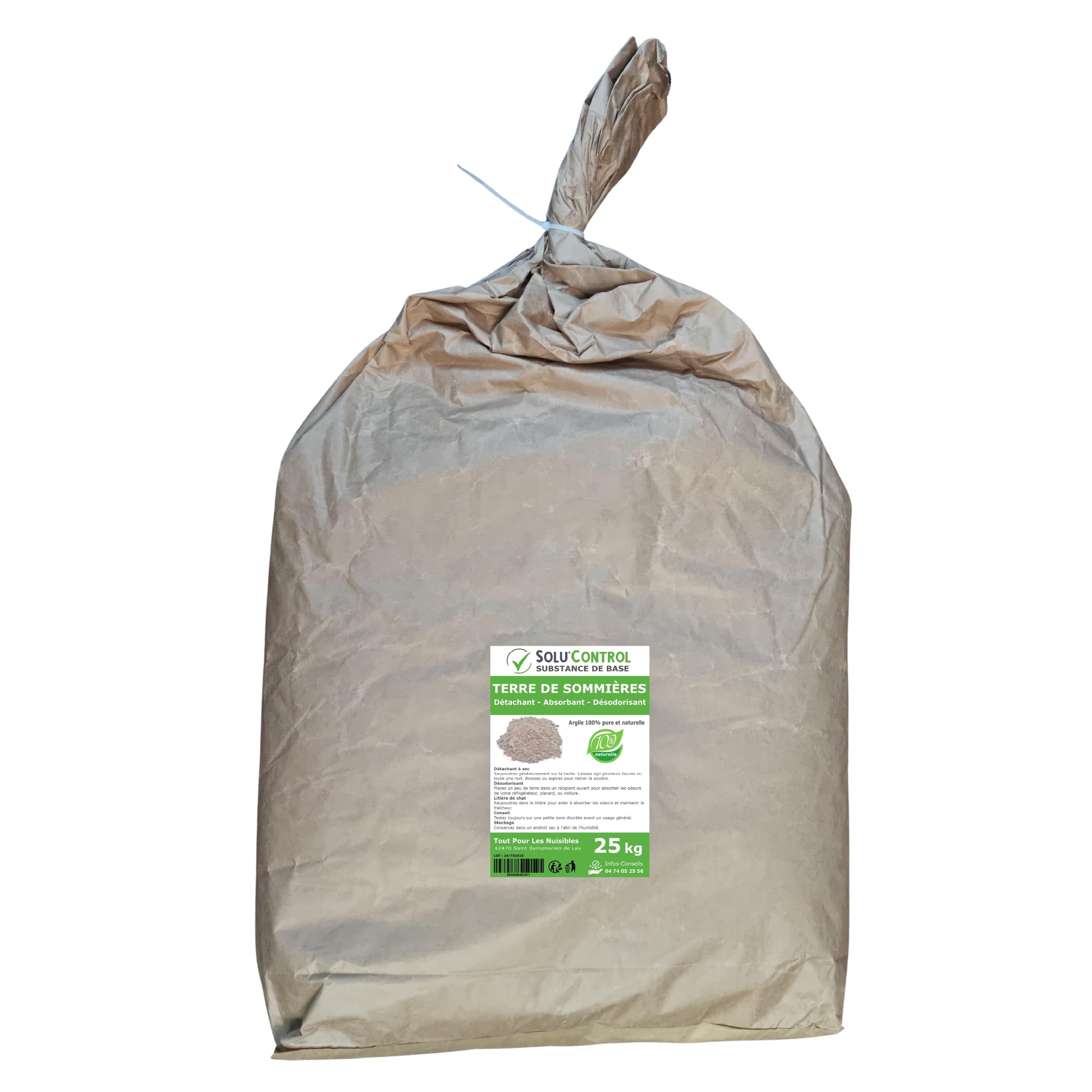 Terre de Sommières 25 kg - Détachant Naturel et Absorbant - Élimine les Odeurs d'Urine, Litière de Chat, Tapis, Cendriers