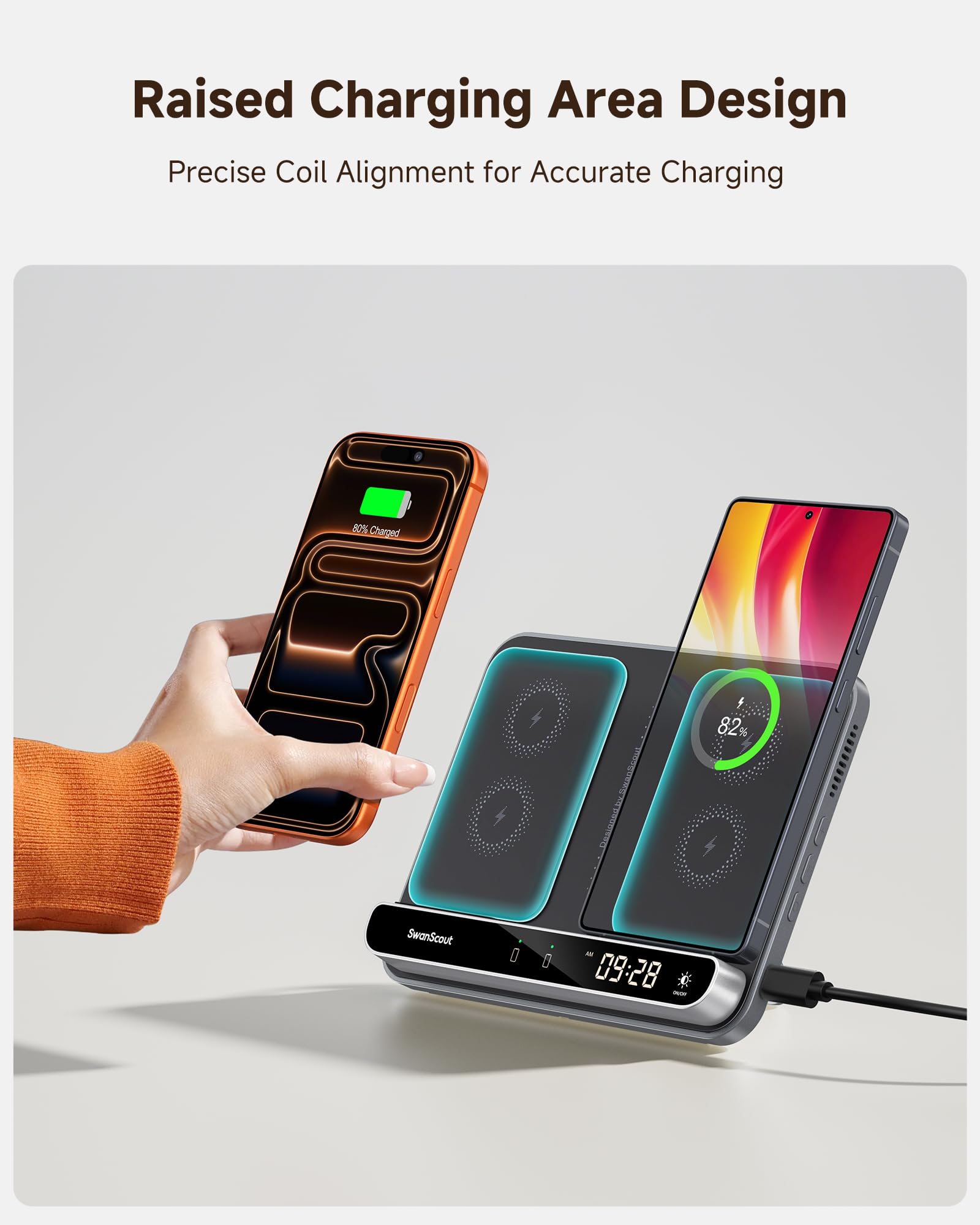 Dual Induktive Ladestation für 2 Handys, Doppel Handy Ladestation für iPhone Air/17 Pro/17 Pro Max/17/16/15/14/13/12/Samsung Galaxy S25/S24/S23/S22/S21/S20, Pixel 9, AirPods/Galaxy Buds, SwanScout 504