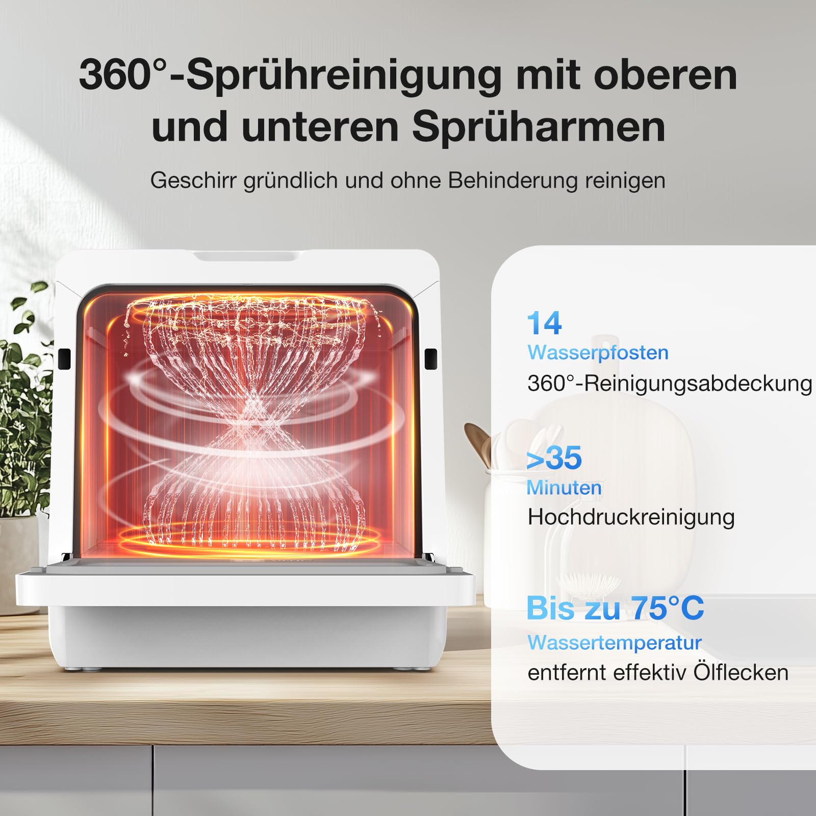 BLITZHOME Mini Spülmaschine Geschirrspüler 8+2 Programme Smart App Steuerung Tragbarer Tischgeschirrspüler 5L Wassertank