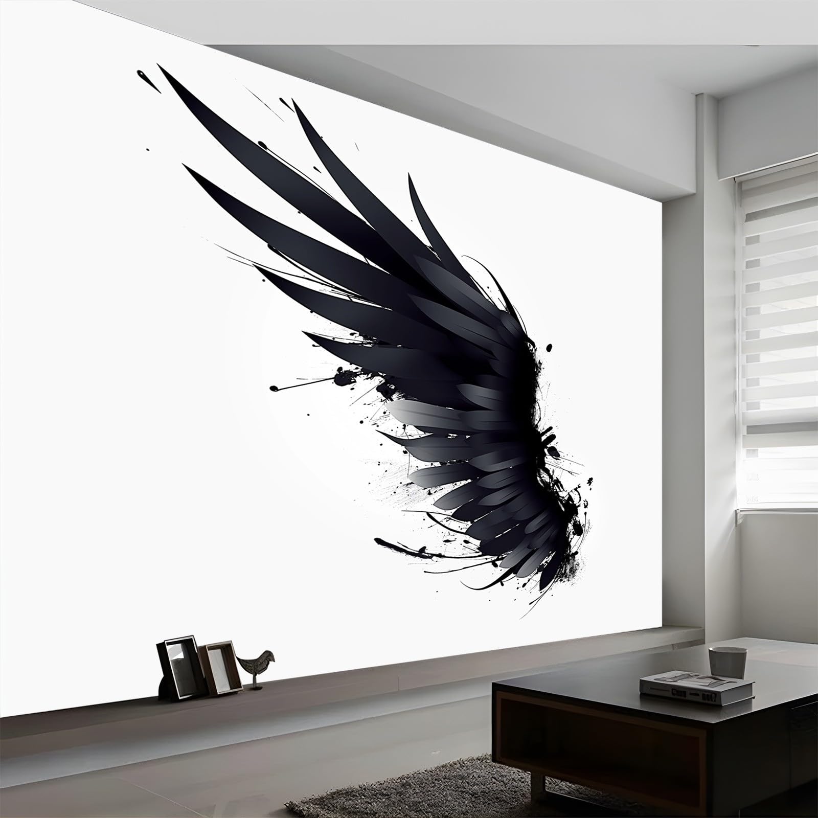 Nowoczesny prosty design skrzydła z piórami, mural, czarna tapeta mural na ścianę akcentującą w sypialni, salonie lub przedpokoju, panoramiczna tapeta plakatowa, 250 x 175 cm (szer. x wys.)