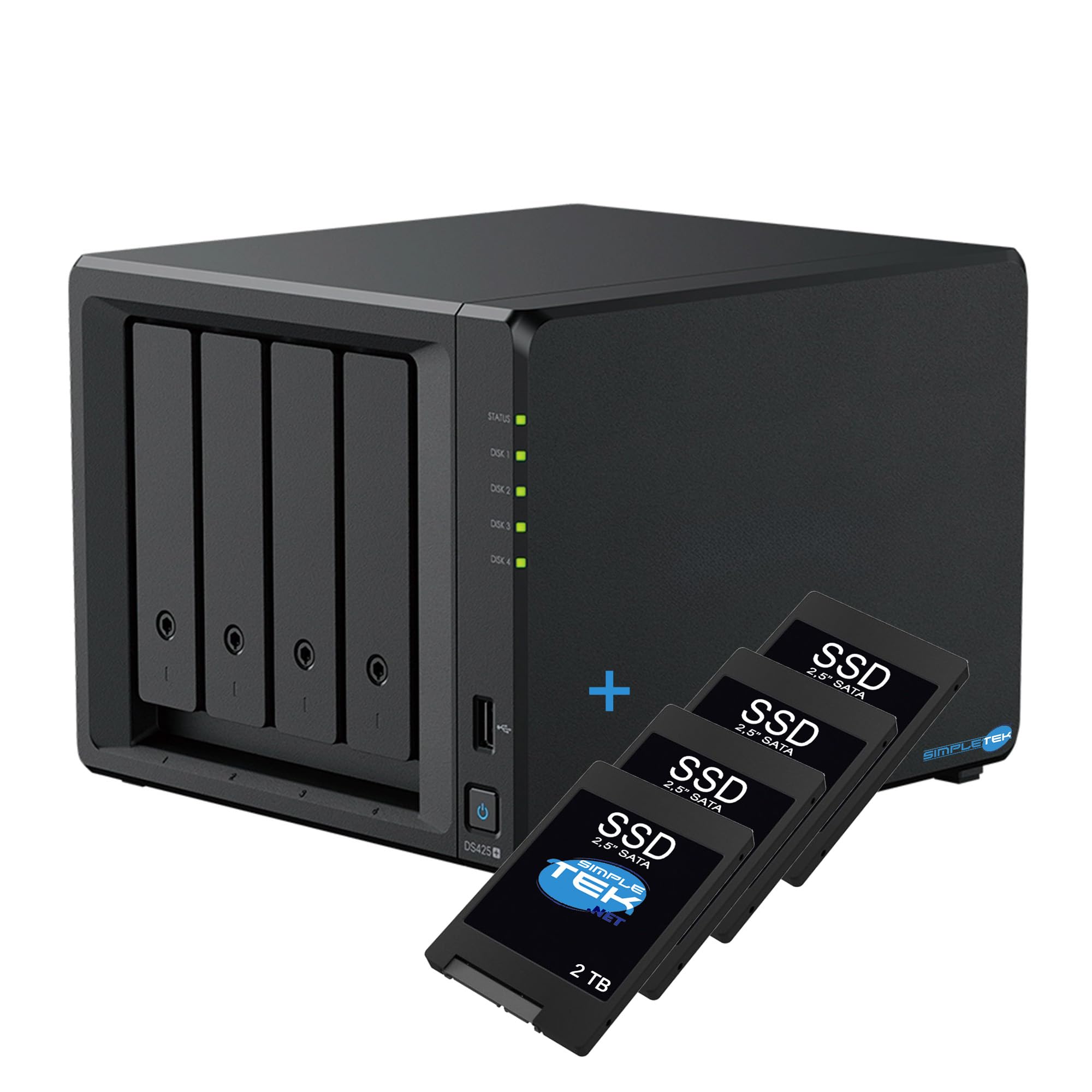 SIMPLETEK - Server NAS 4 Vani 4x2TB SSD 2GB RAM 2.5GbE (Ricondizionato) | Server NAS di archiviazione a 4 vani con 4 SSD da 2TB inclusi, 2GB RAM, LAN 2.5 GbE e slot NVMe per uso casa e ufficio.