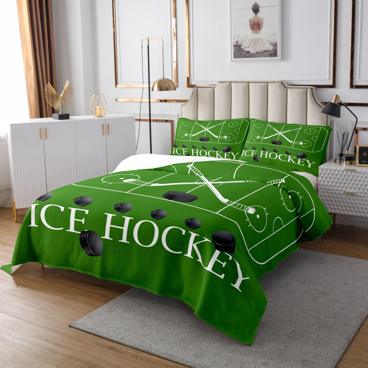 Kołdra do hokeja na lodzie dla dzieci, chłopców, wzór lodowiska, zielone pole, zestaw do sypialni, dekoracja do sypialni, pikowana, do gry w hokeja, gry w gry w gry w sporty zimowe, zestaw