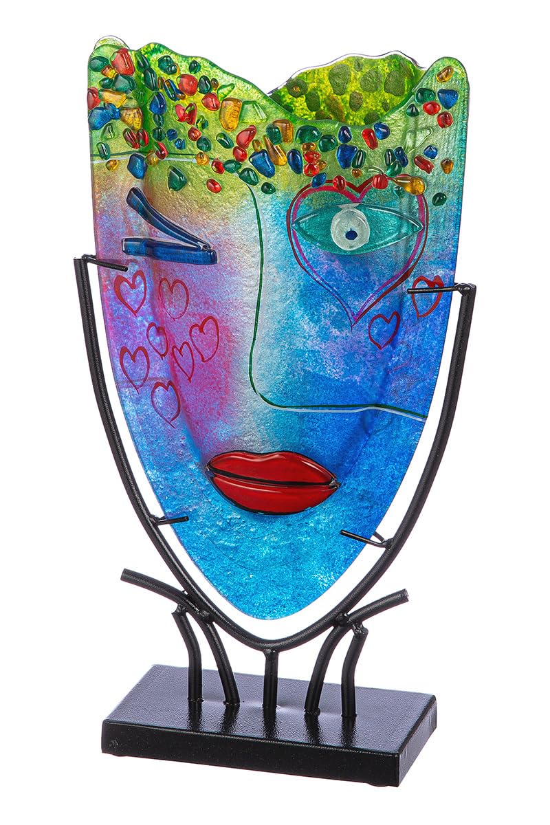 GILDE GLAS art Deko Vase Gesichtsvase - handbemalte Glasvase mit Metall Ständer - Dekoration Wohnzimmer Höhe 38,5 cm mehfarbig