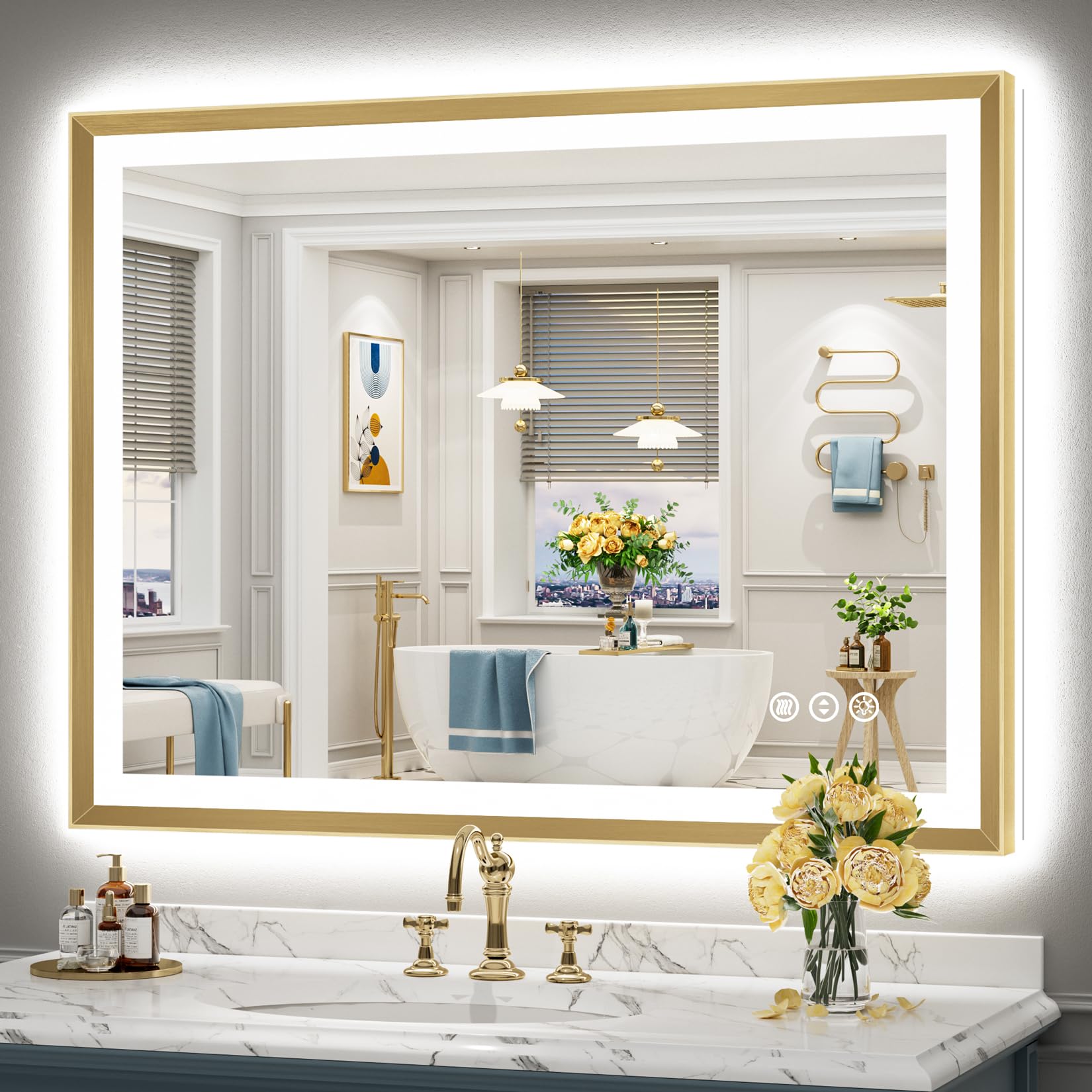 48x36 Gold Beveled LED Lighted Bathroom Mirror, Backlit &amp; Front Lit