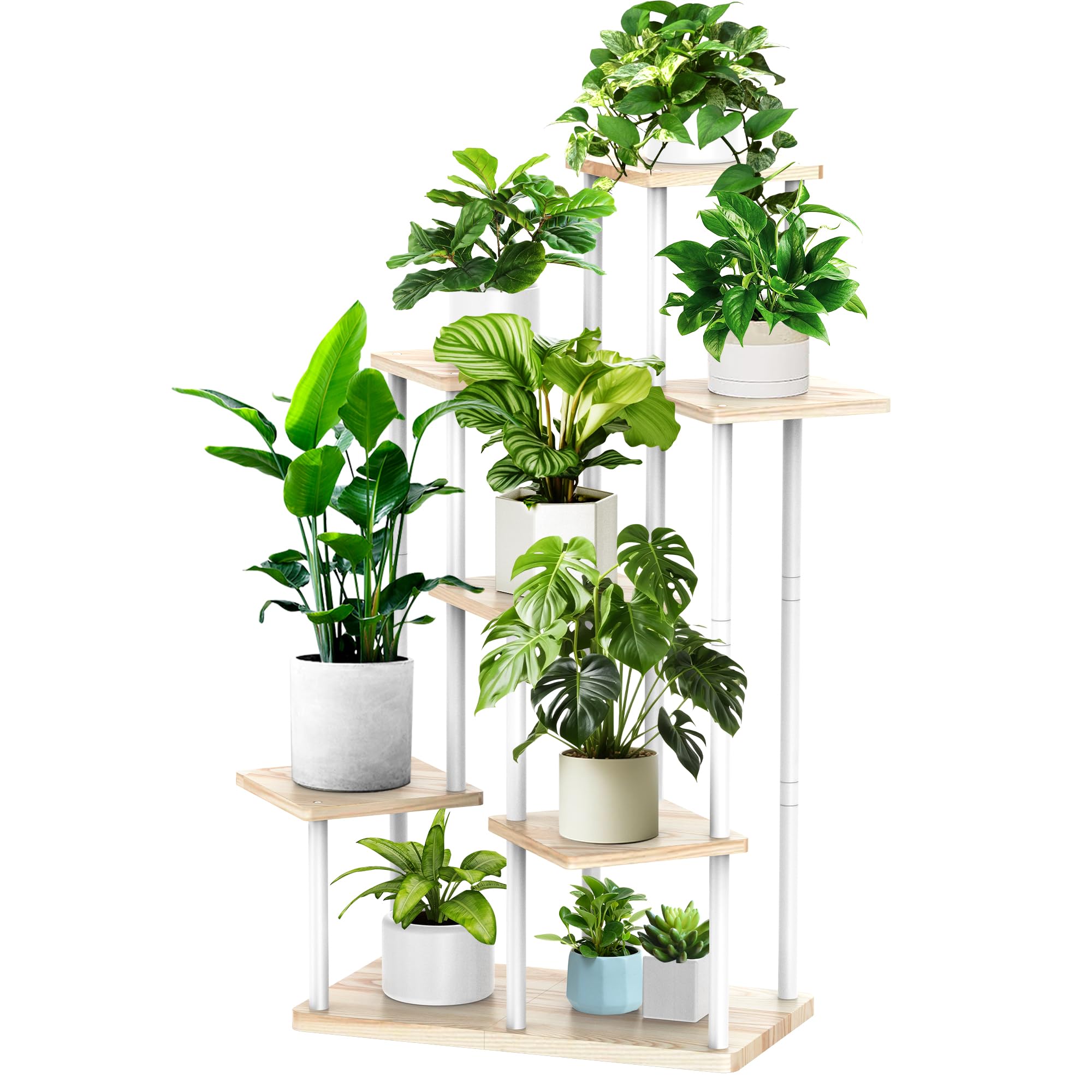 YOCOMEY 7 Tier Hölzern Blumenregal Pflanzenregal, Mehrstöckig Blumenständer Pflanzenständer Blumenbank Blumentreppe Pflanzentreppe Standregal für Innen Garten Balkon Deko(Weiß Eiche)