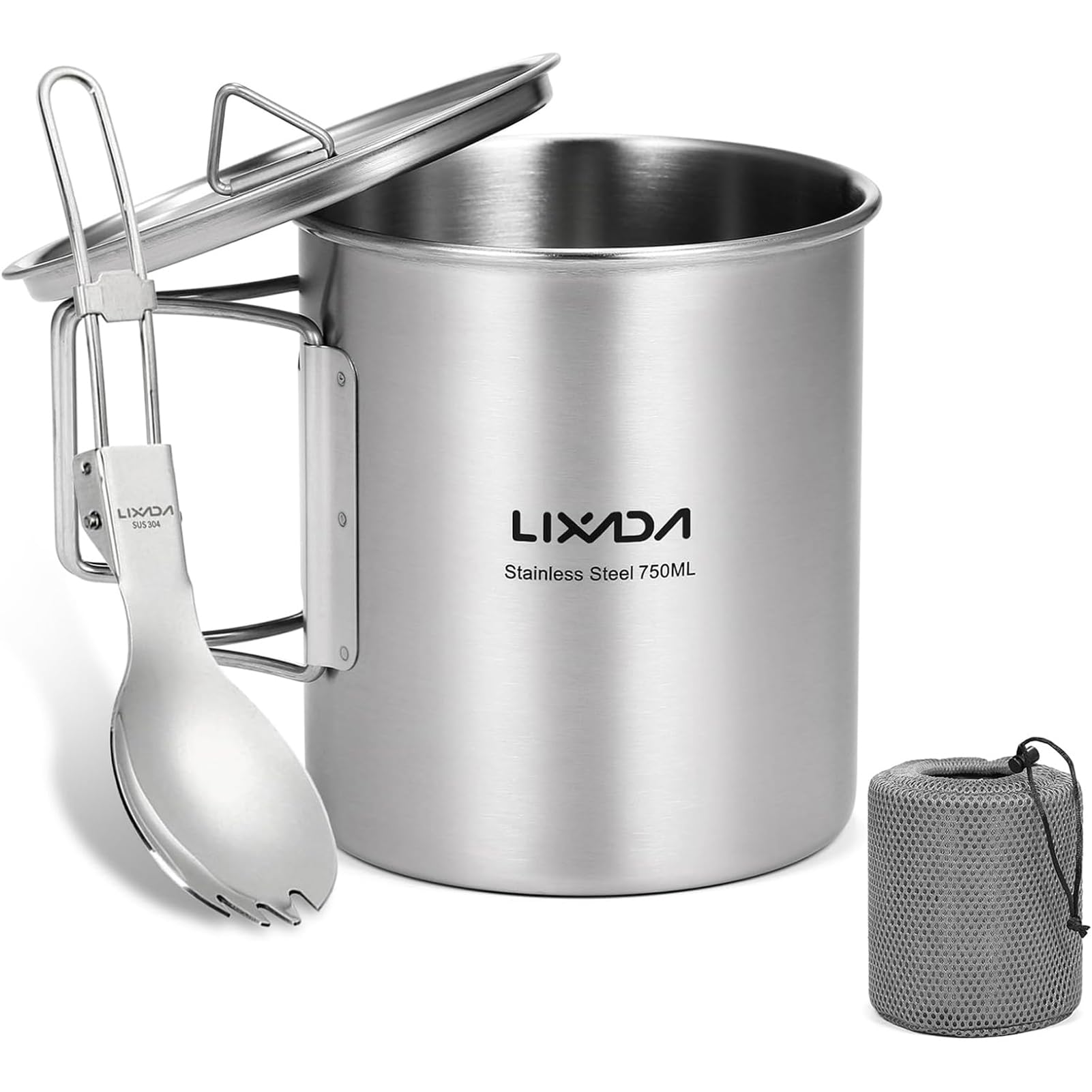 Lixada Camping Water Cup with Foldable Handles and Lid 750ml Stainless Steel Mug Hanging Pot for Camping Hiking Backpacking Picnic