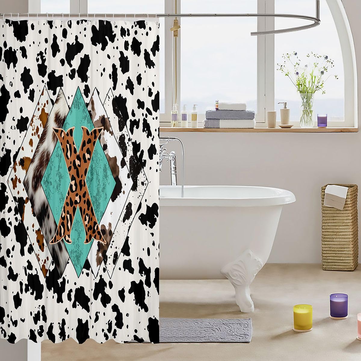 Rideau de douche lettre X taille L léopard monogramme alphabet imprimé cuir de vache rideau de bain pour adultes style rustique rustique rideaux de bain imperméables avec 12 crochets pour baignoire